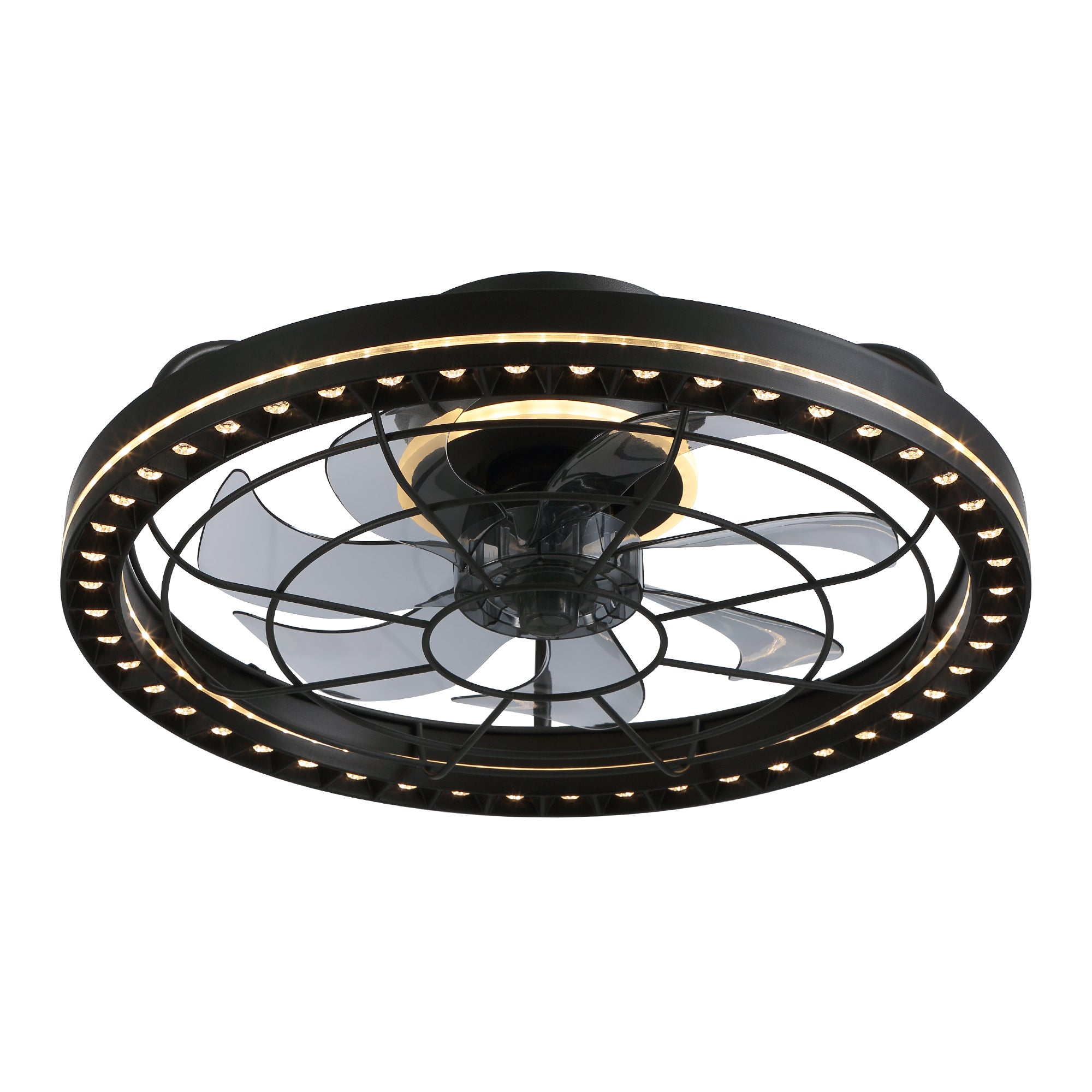 19 in. Indoor Black Low Profile Caged Ceiling Fan with Lights with Remote Included