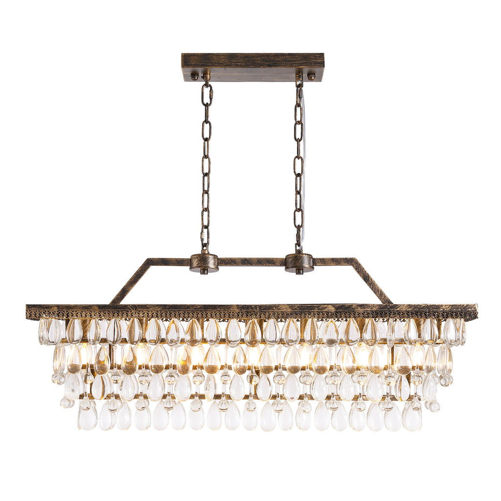 7-Light Dimmable Rustic Vintage Rectangle Tiered Crystal Chandelier with Antique Bronze Finish