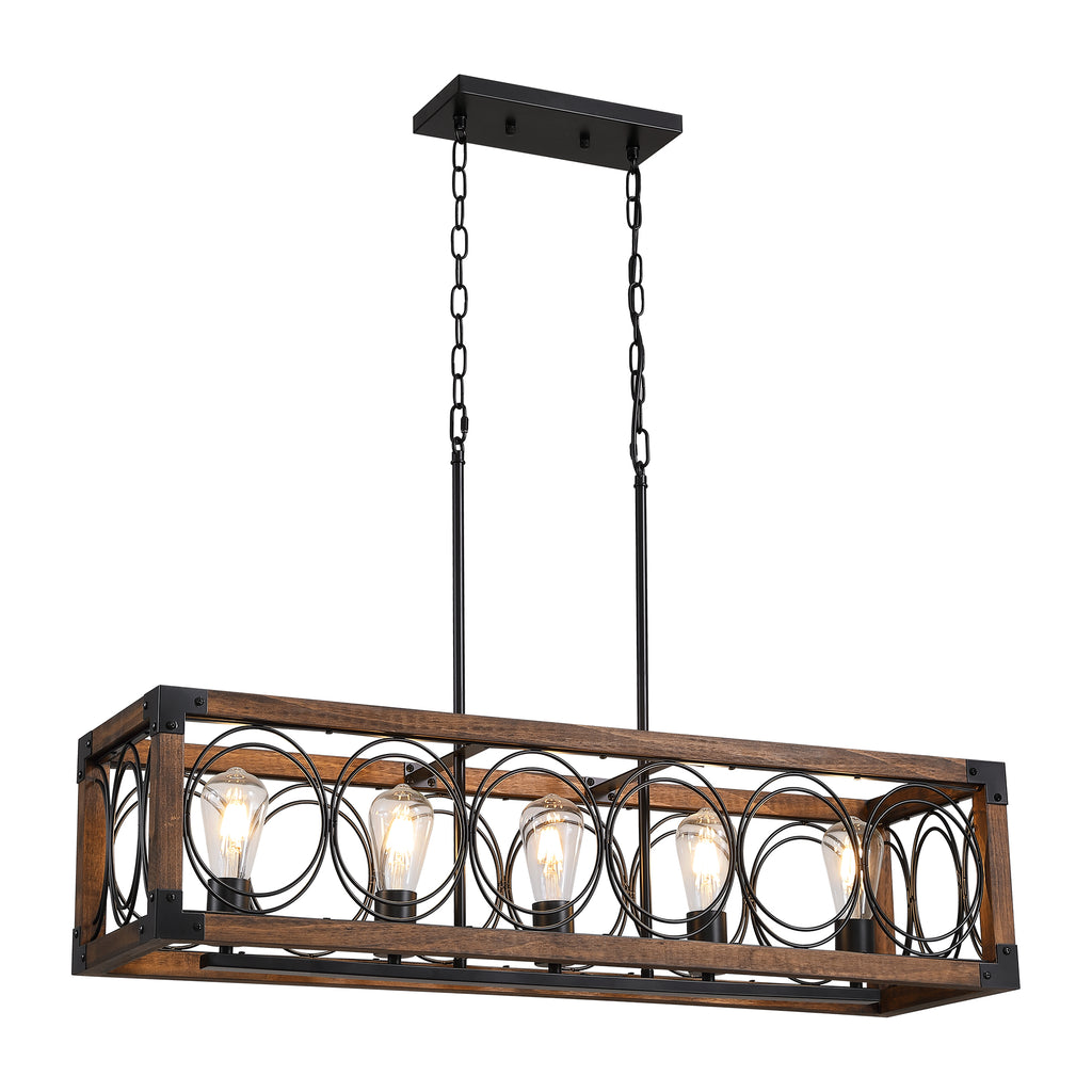 5 - Light Dimmable Modern Farmhouse Rectangle Solid Wood Chandelier