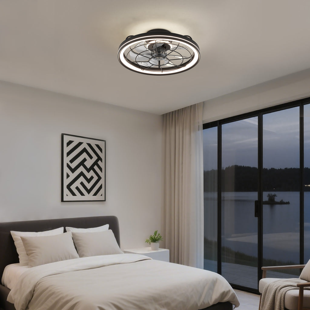 19 in. Indoor Black Caged Ceiling Fan with Integrated LED Light Modern Farmhouse Flush Mount Ceiling Fan