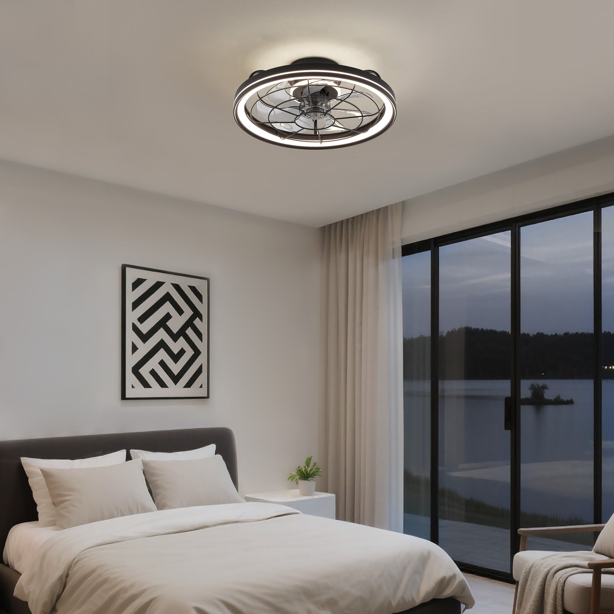 19 in. Indoor Black Caged Ceiling Fan with Integrated LED Light Modern Farmhouse Flush Mount Ceiling Fan