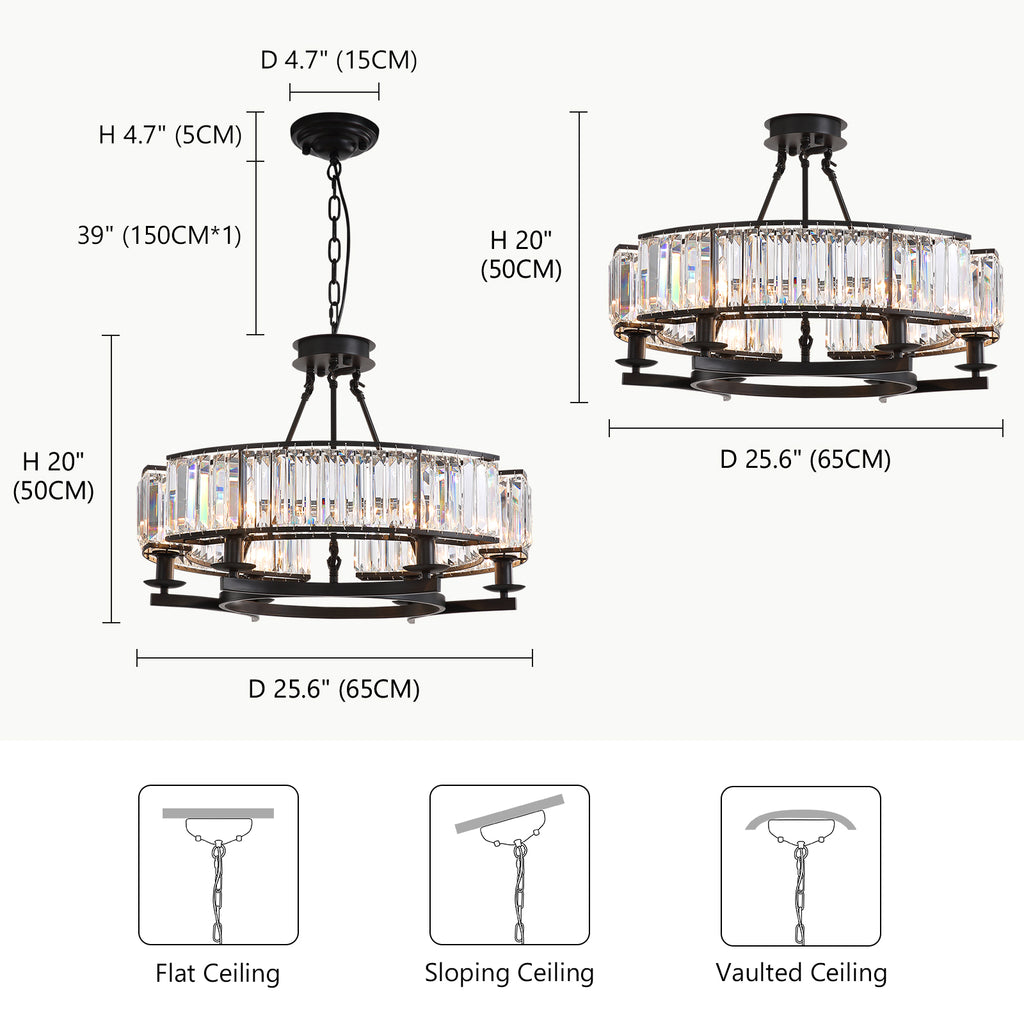 26 in. Modern 6-Light Farmhouse Crystal Drum Matte Black Wagon Wheel Chandelier Ceiling Semi Flush Mount