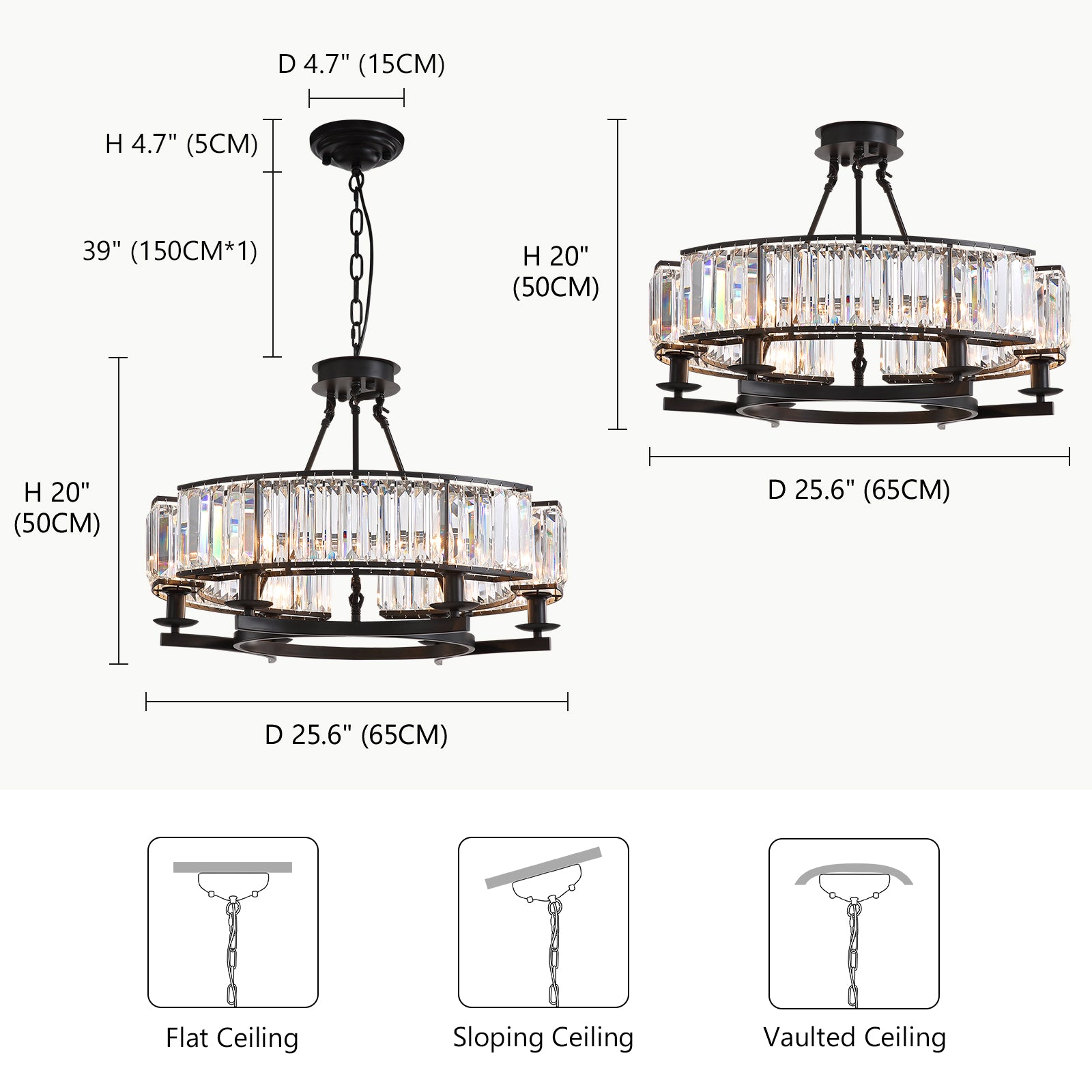 26 in. Modern 6-Light Farmhouse Crystal Drum Matte Black Wagon Wheel Chandelier Ceiling Semi Flush Mount