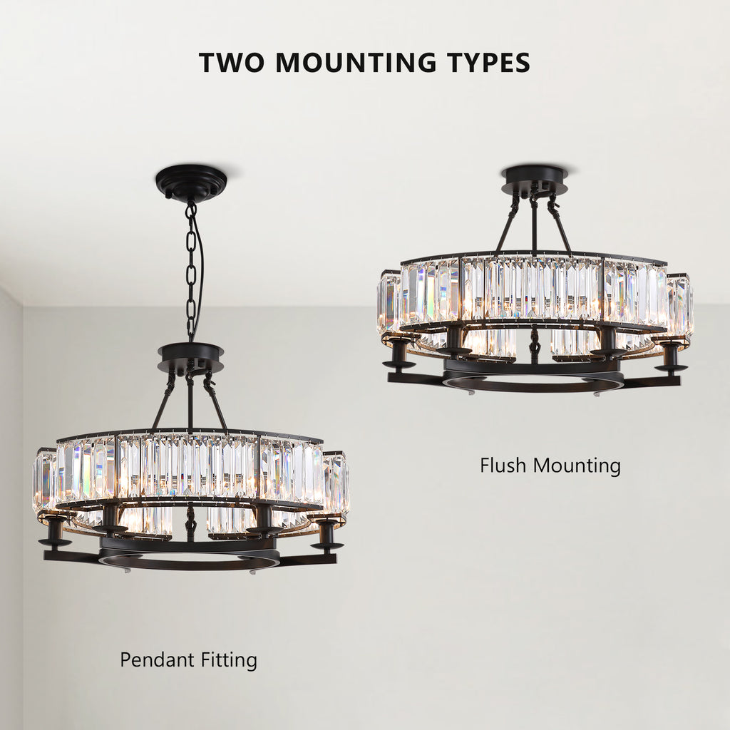 26 in. Modern 6-Light Farmhouse Crystal Drum Matte Black Wagon Wheel Chandelier Ceiling Semi Flush Mount