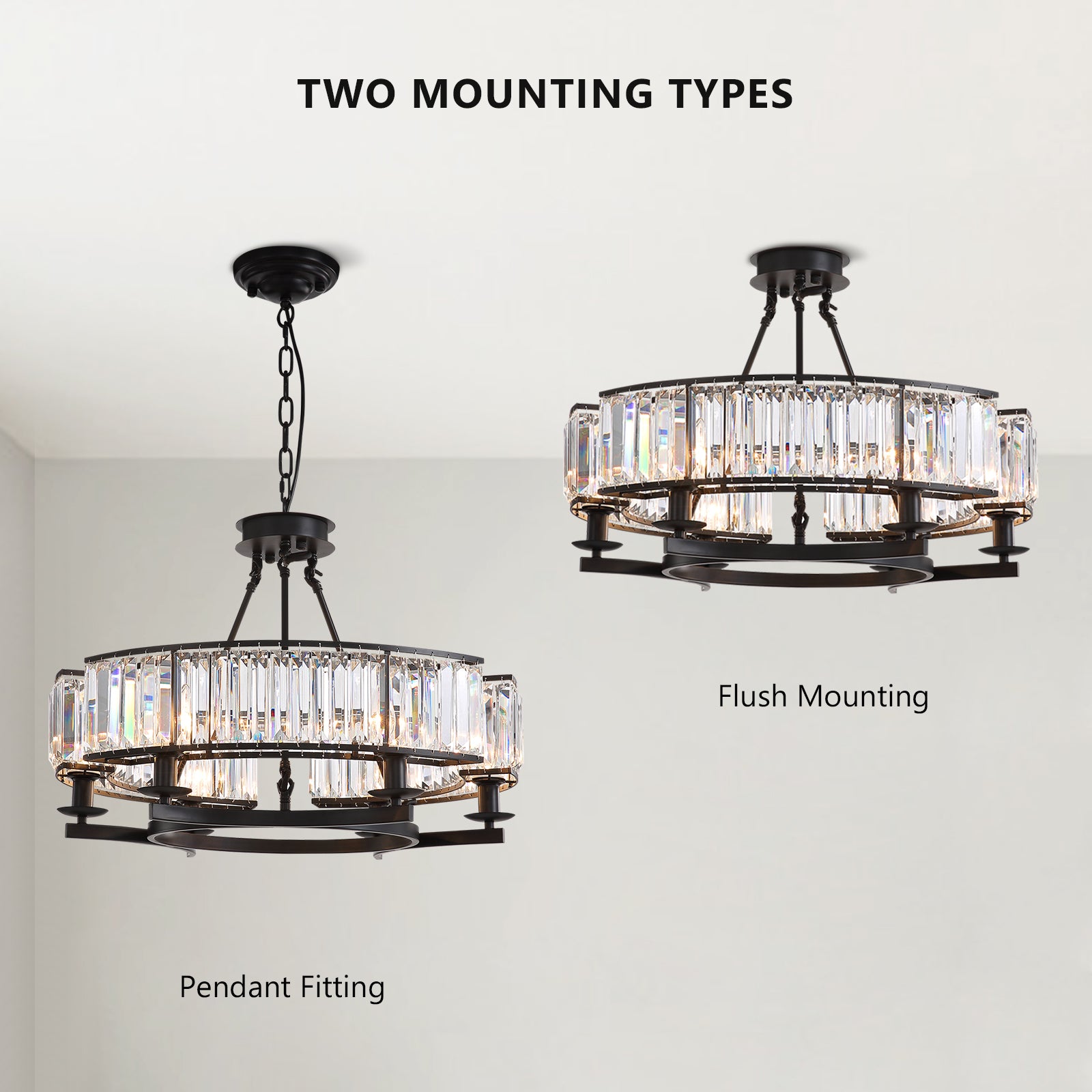 26 in. Modern 6-Light Farmhouse Crystal Drum Matte Black Wagon Wheel Chandelier Ceiling Semi Flush Mount