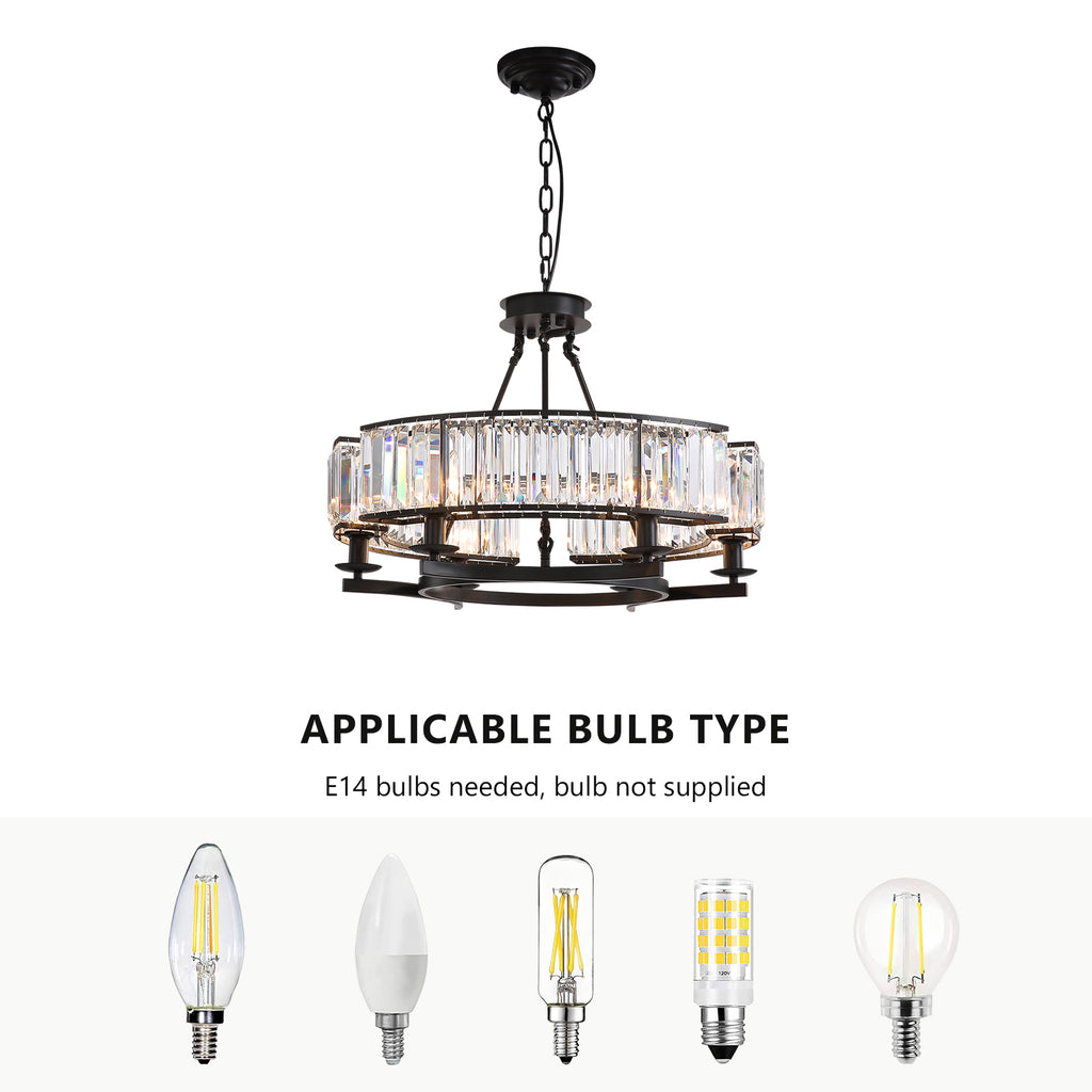 26 in. Modern 6-Light Farmhouse Crystal Drum Matte Black Wagon Wheel Chandelier Ceiling Semi Flush Mount