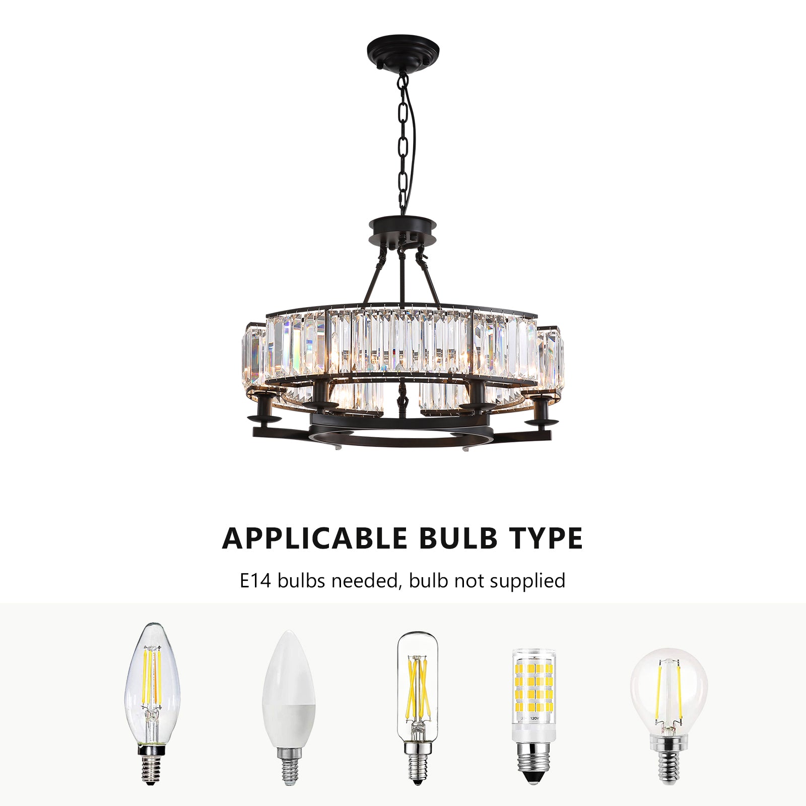 26 in. Modern 6-Light Farmhouse Crystal Drum Matte Black Wagon Wheel Chandelier Ceiling Semi Flush Mount