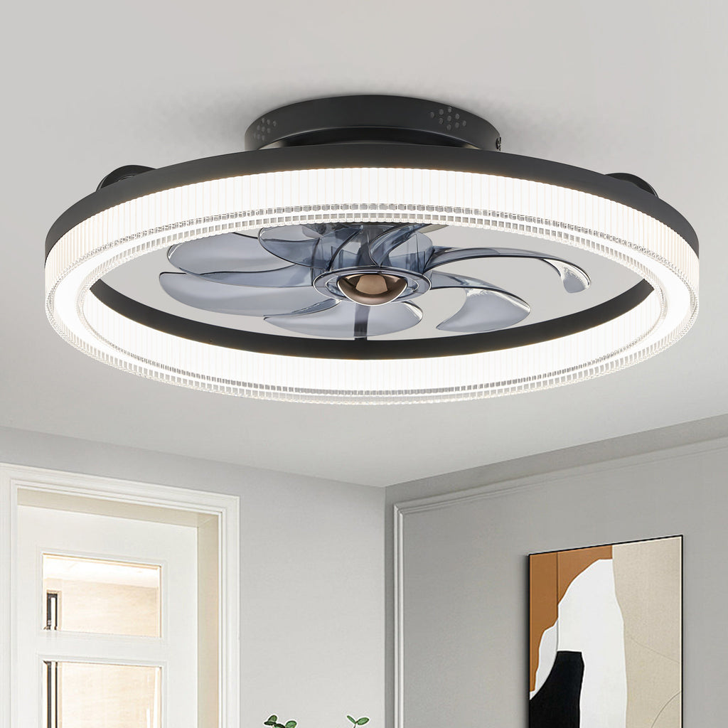 20 in. LED Indoor Black Low Profile Ceiling Fan with Dimmable Lighting Small Flush Mount Ceiling Fan with Remote