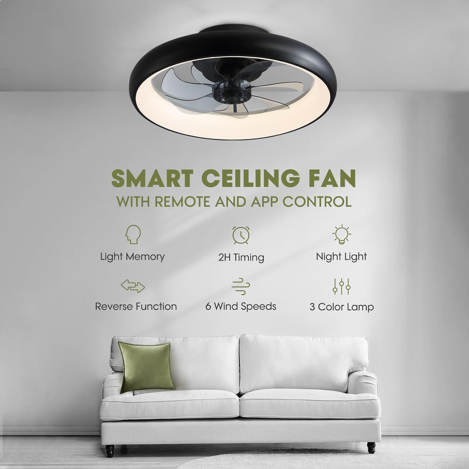20 in. Modern Indoor Black Low Profile Ceiling Fan with Lights Reversible Rotation and Remote Control