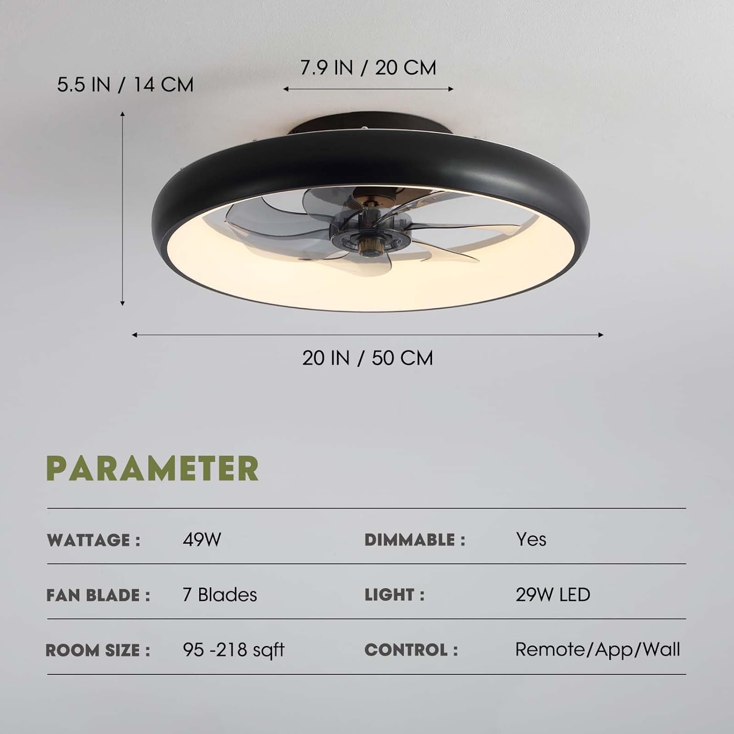 20 in. Modern Indoor Black Low Profile Ceiling Fan with Lights Reversible Rotation and Remote Control