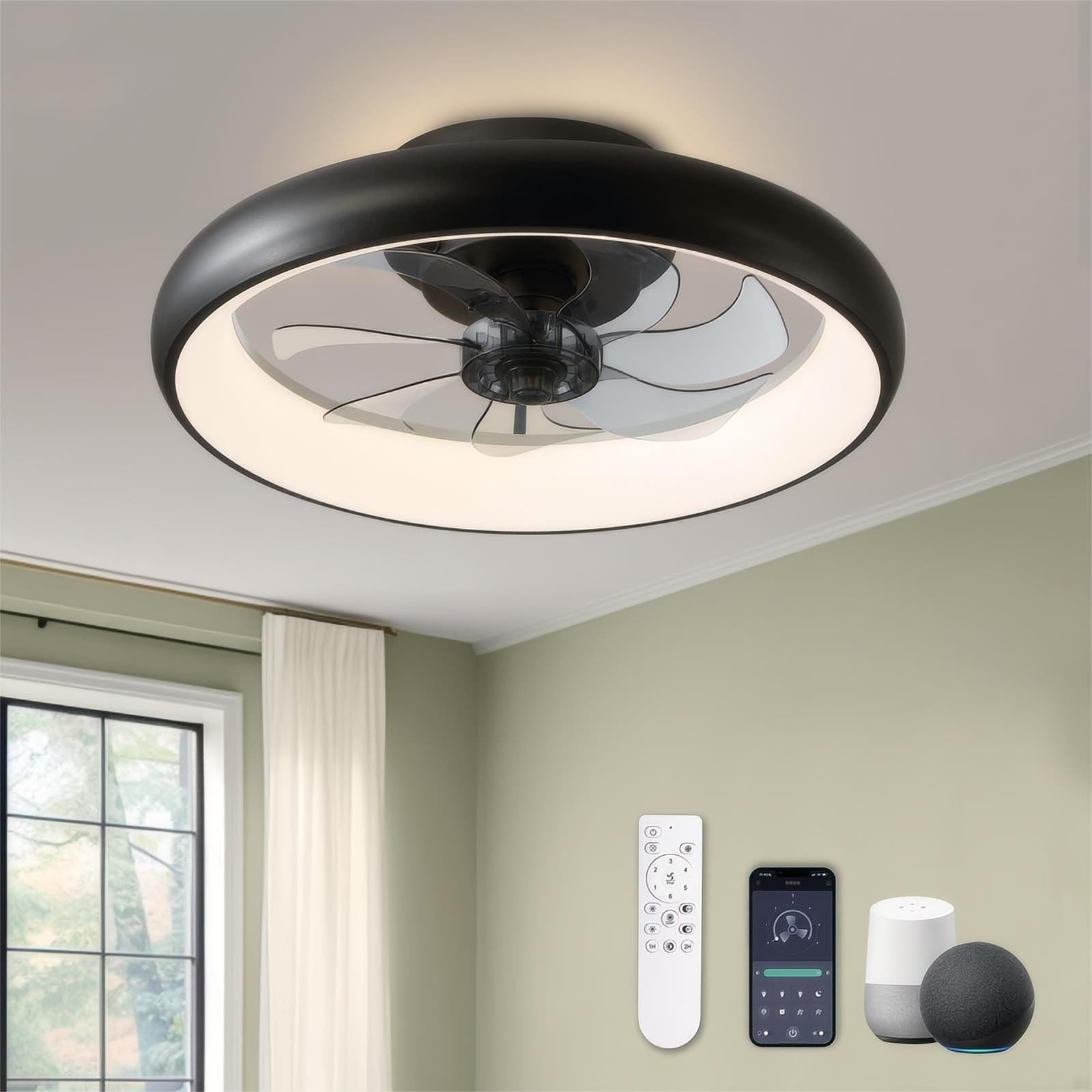 20 in. Modern Indoor Black Low Profile Ceiling Fan with Lights Reversible Rotation and Remote Control