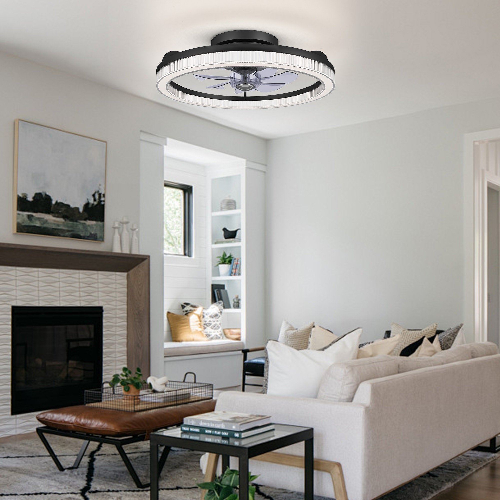 20 in. LED Indoor Black Low Profile Ceiling Fan with Dimmable Lighting Small Flush Mount Ceiling Fan with Remote