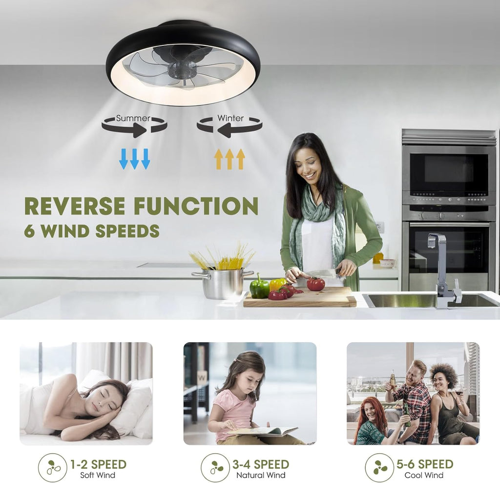 20 in. Modern Indoor Black Low Profile Ceiling Fan with Lights Reversible Rotation and Remote Control