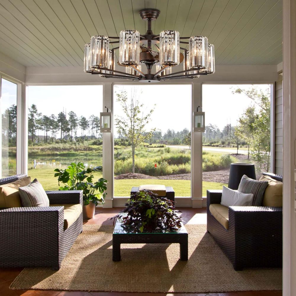 36 in. Indoor 10-Light Black Crystal Ceiling Fan with Light and Remote Control, Farmhouse Chandelier Fan for Living Room