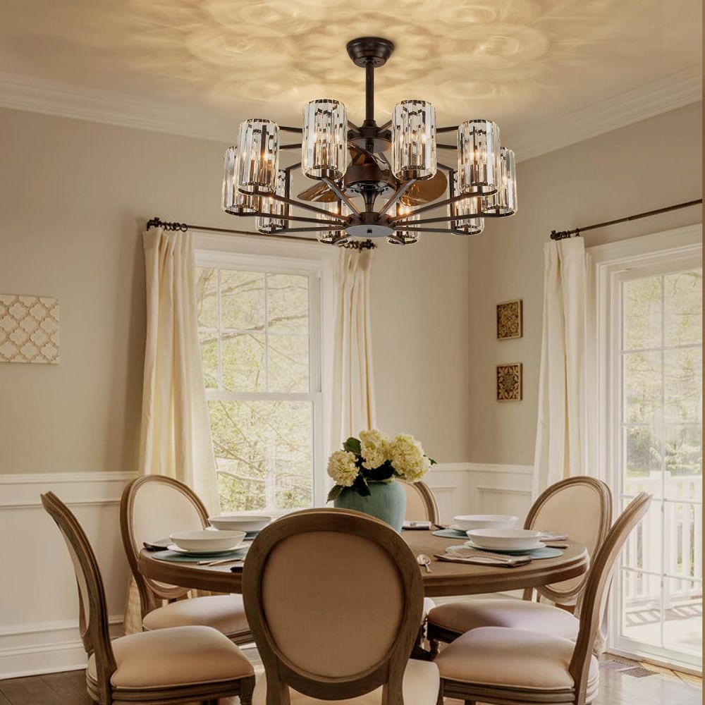 36 in. Indoor 10-Light Black Crystal Ceiling Fan with Light and Remote Control, Farmhouse Chandelier Fan for Living Room