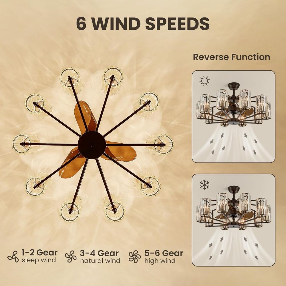 36 in. Indoor 10-Light Black Crystal Ceiling Fan with Light and Remote Control, Farmhouse Chandelier Fan for Living Room