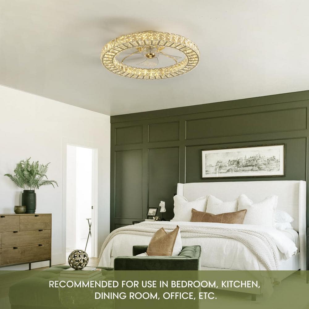 22 in. Indoor Gold Low Profile Crystal Ceiling Fan with Lights with Remote Included