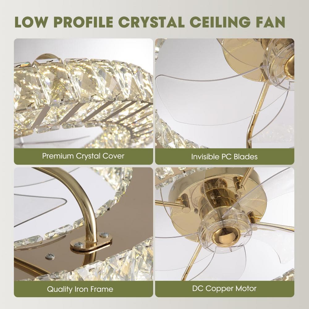 22 in. Indoor Gold Low Profile Crystal Ceiling Fan with Lights with Remote Included