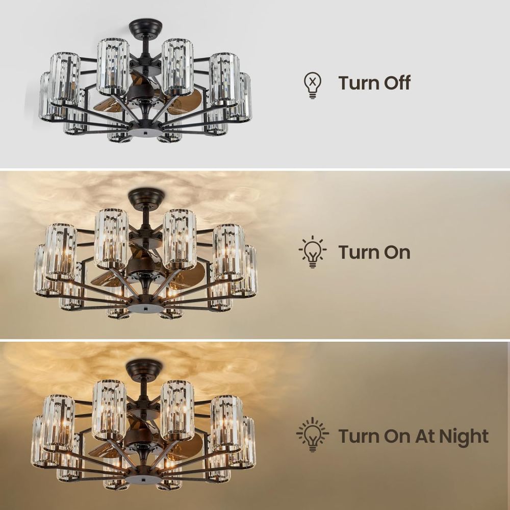 36 in. Indoor 10-Light Black Crystal Ceiling Fan with Light and Remote Control, Farmhouse Chandelier Fan for Living Room