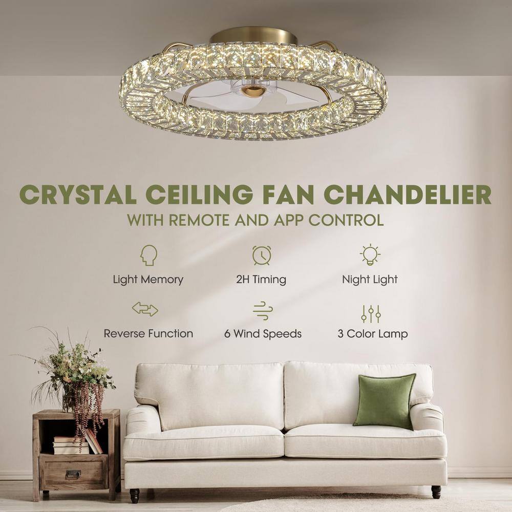 22 in. Indoor Gold Low Profile Crystal Ceiling Fan with Lights with Remote Included