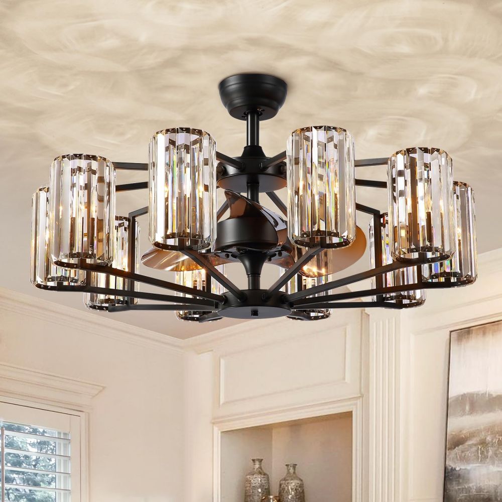 36 in. Indoor 10-Light Black Crystal Ceiling Fan with Light and Remote Control, Farmhouse Chandelier Fan for Living Room