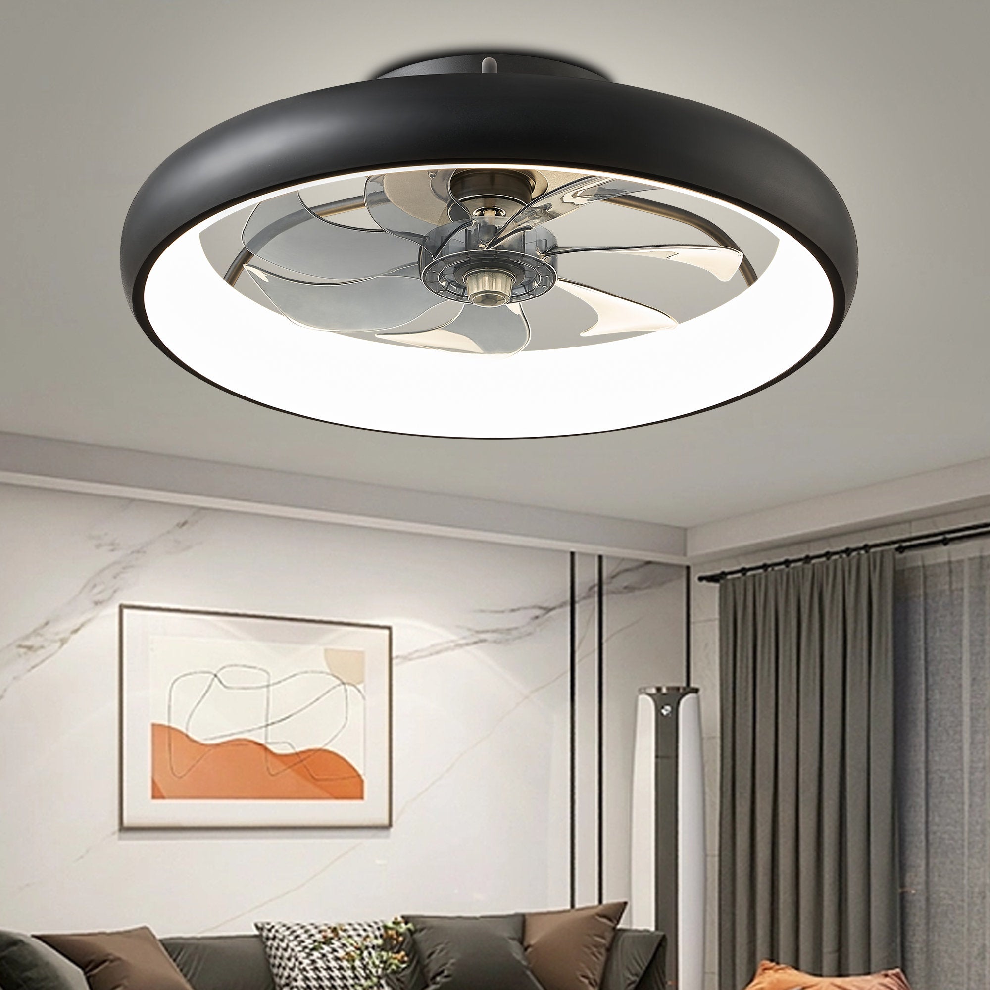 20 in. Modern Indoor Black Low Profile Ceiling Fan with Lights Reversible Rotation and Remote Control
