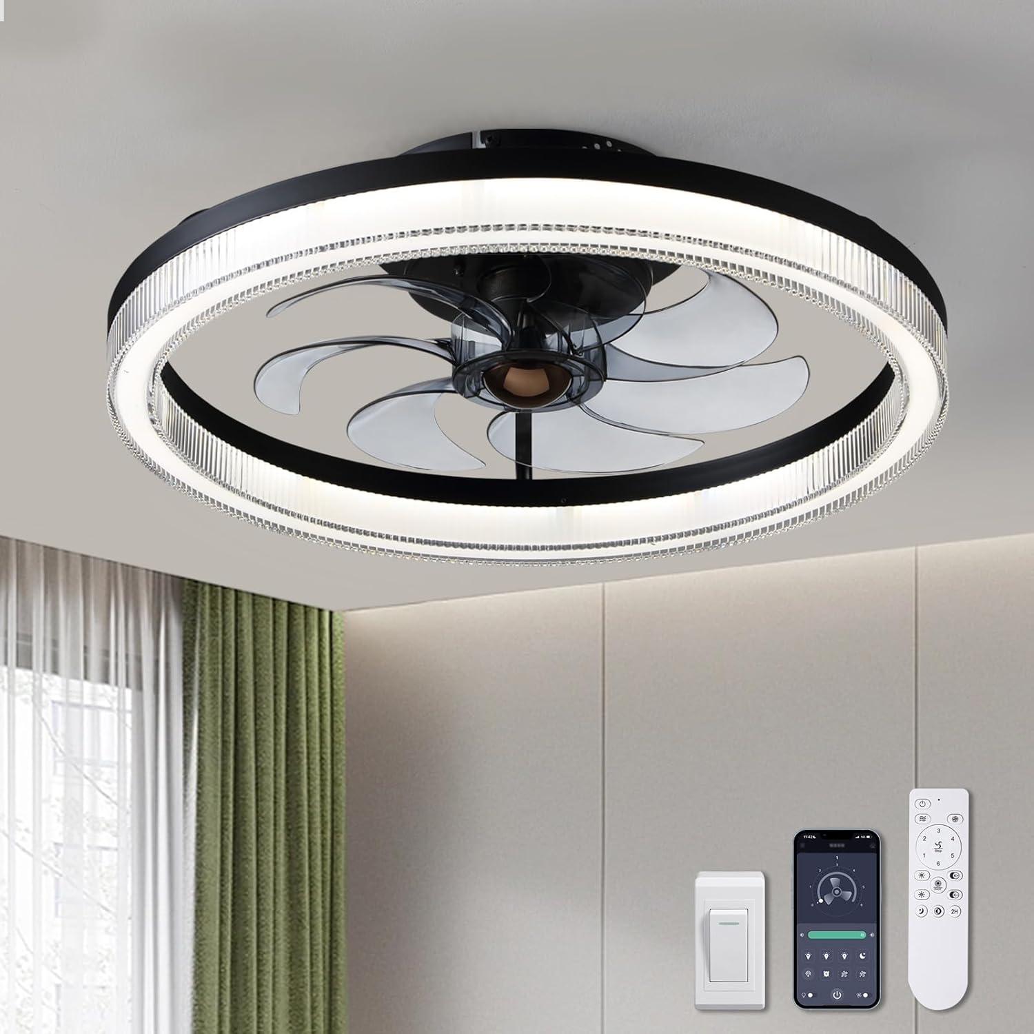 20 in. LED Indoor Black Low Profile Ceiling Fan with Dimmable Lighting Small Flush Mount Ceiling Fan with Remote