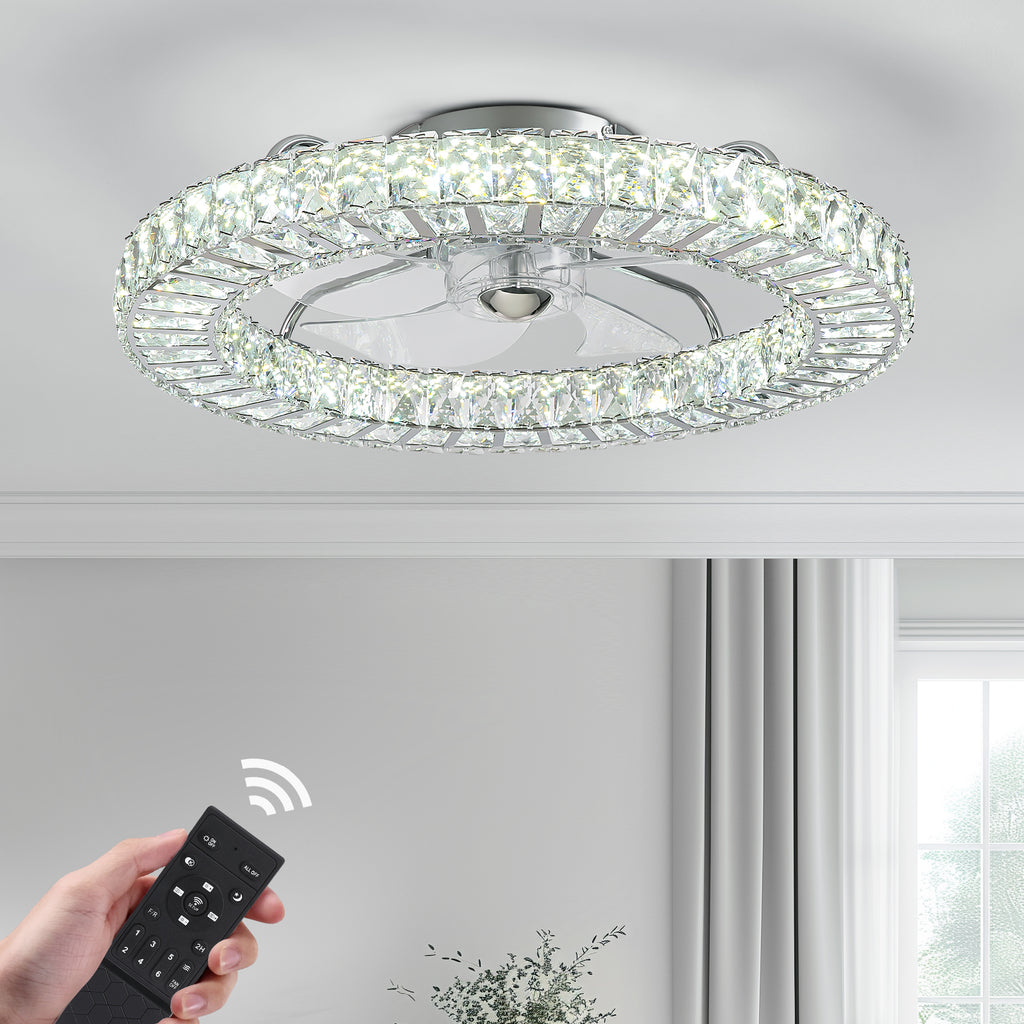 22 in. Chrome Indoor Crystal Ceiling Fan with LED Lights and Remote Flush Mount Ceiling Fan