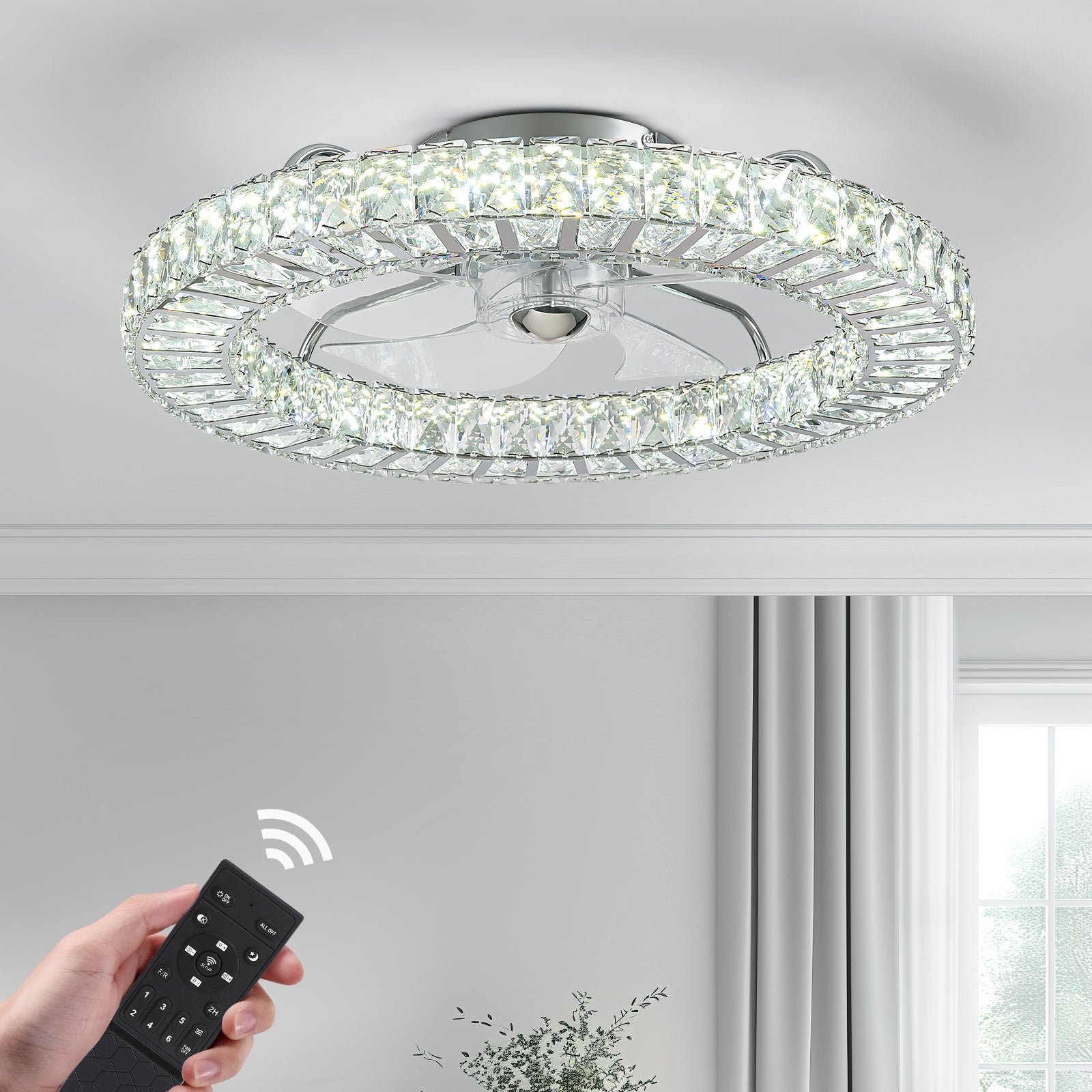 22 in. Chrome Indoor Crystal Ceiling Fan with LED Lights and Remote Flush Mount Ceiling Fan