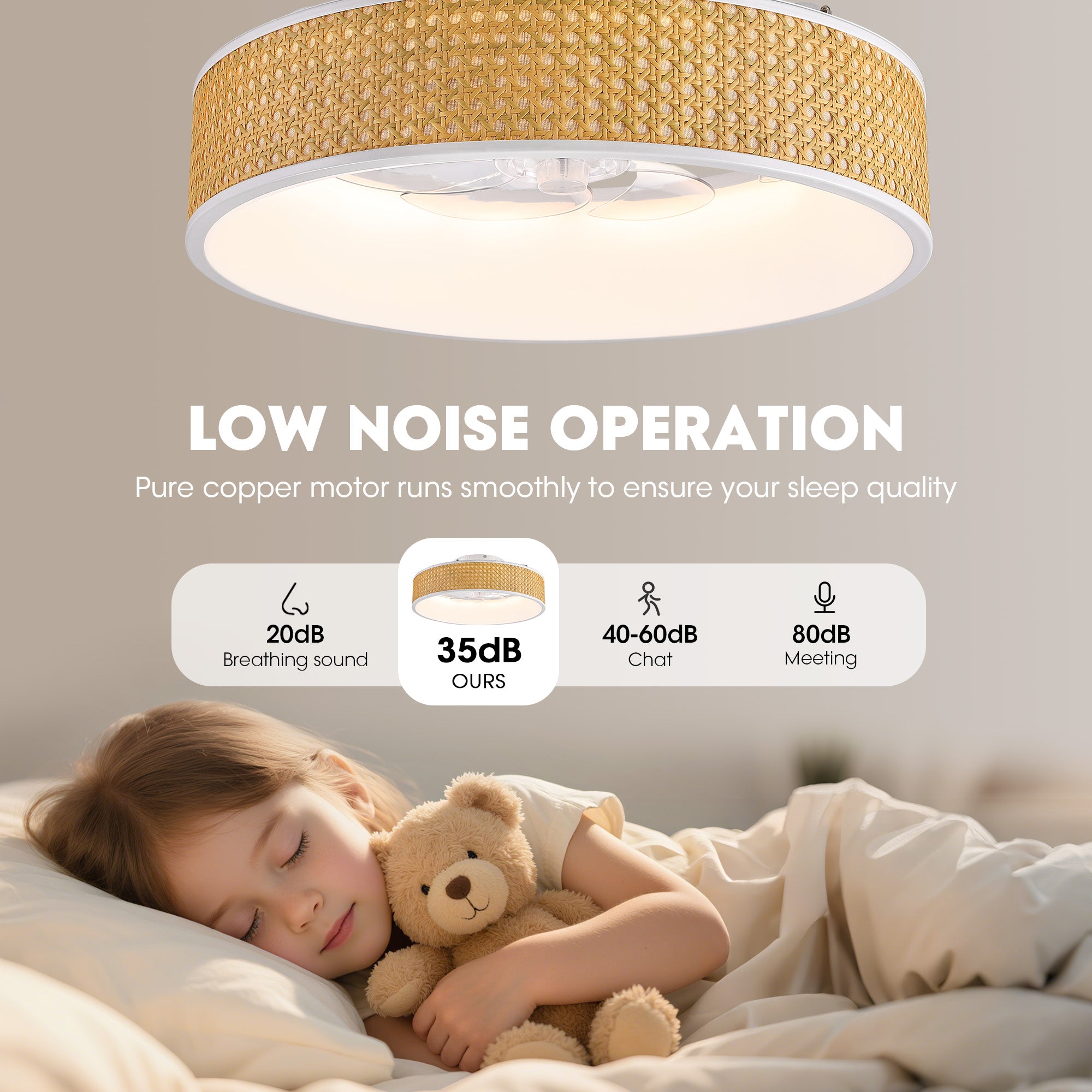20 in. Smart Indoor Standard White Boho Flush Mount Rattan Ceiling Fan with Light and Remote Low Profile Ceiling Fan