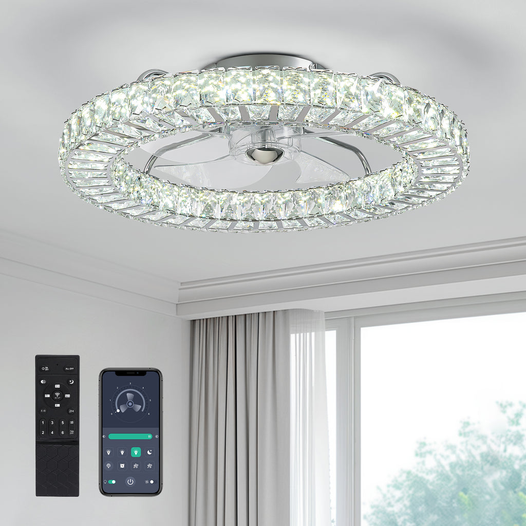 22 in. Chrome Indoor Crystal Ceiling Fan with LED Lights and Remote Flush Mount Ceiling Fan