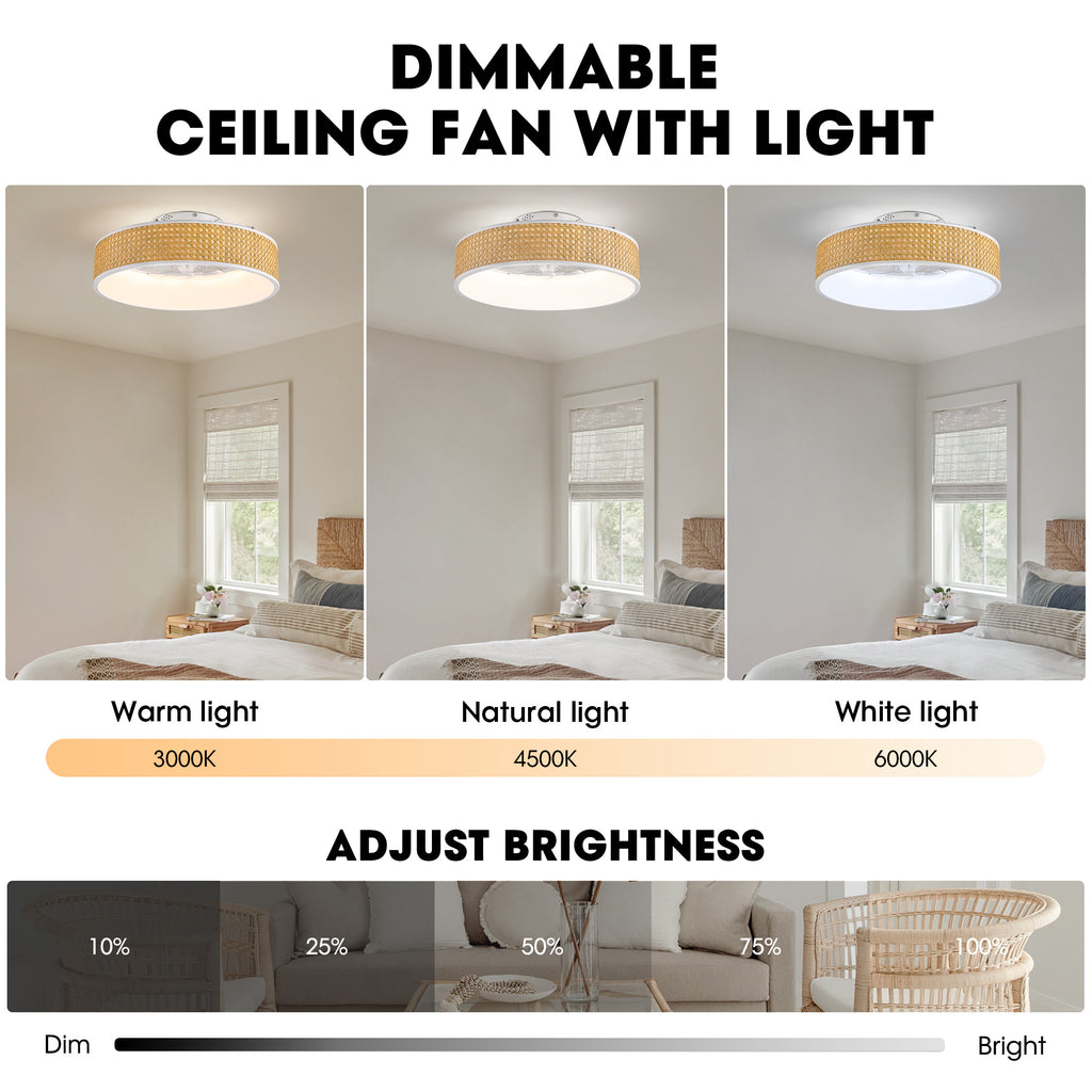 20 in. Smart Indoor Standard White Boho Flush Mount Rattan Ceiling Fan with Light and Remote Low Profile Ceiling Fan