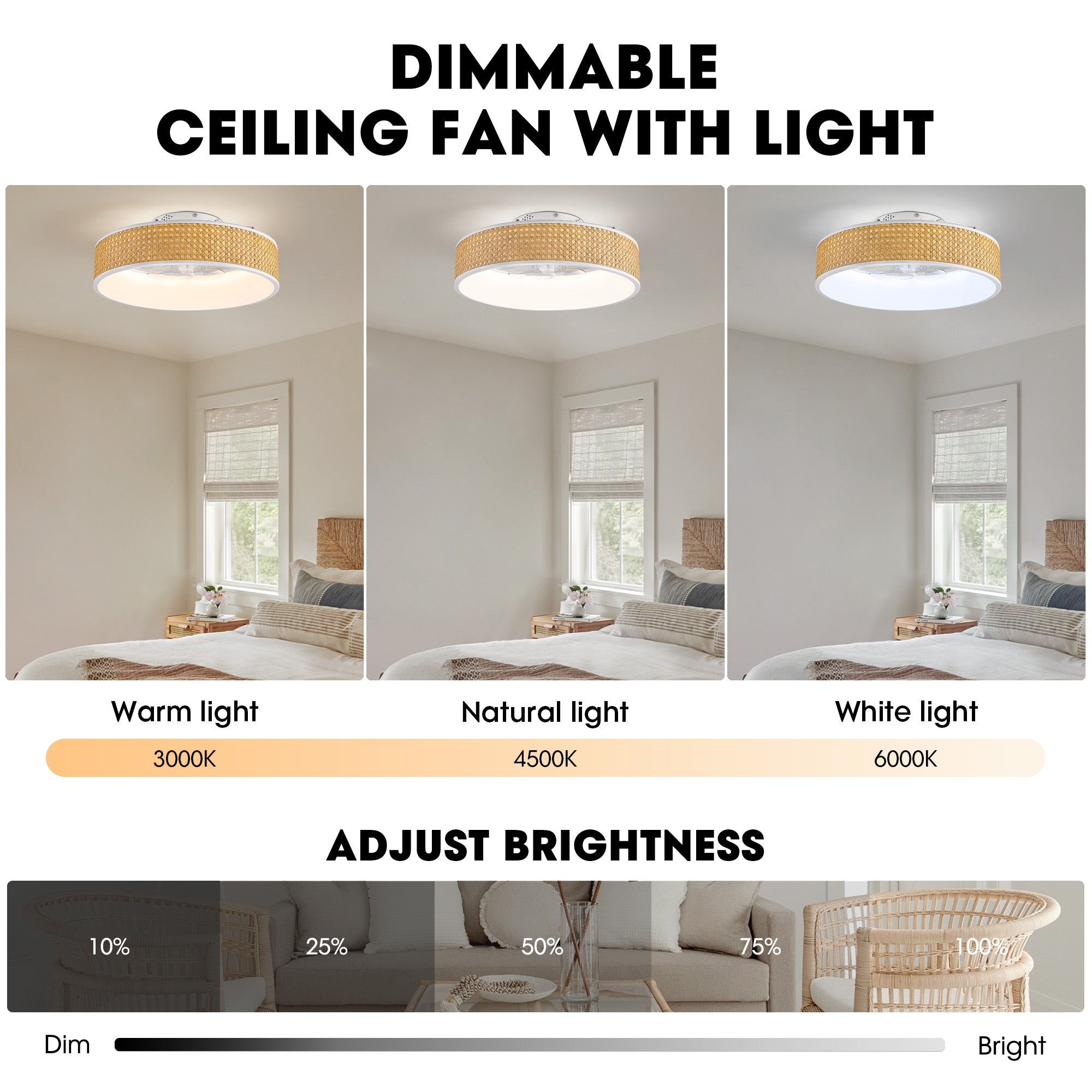 20 in. Smart Indoor Standard White Boho Flush Mount Rattan Ceiling Fan with Light and Remote Low Profile Ceiling Fan