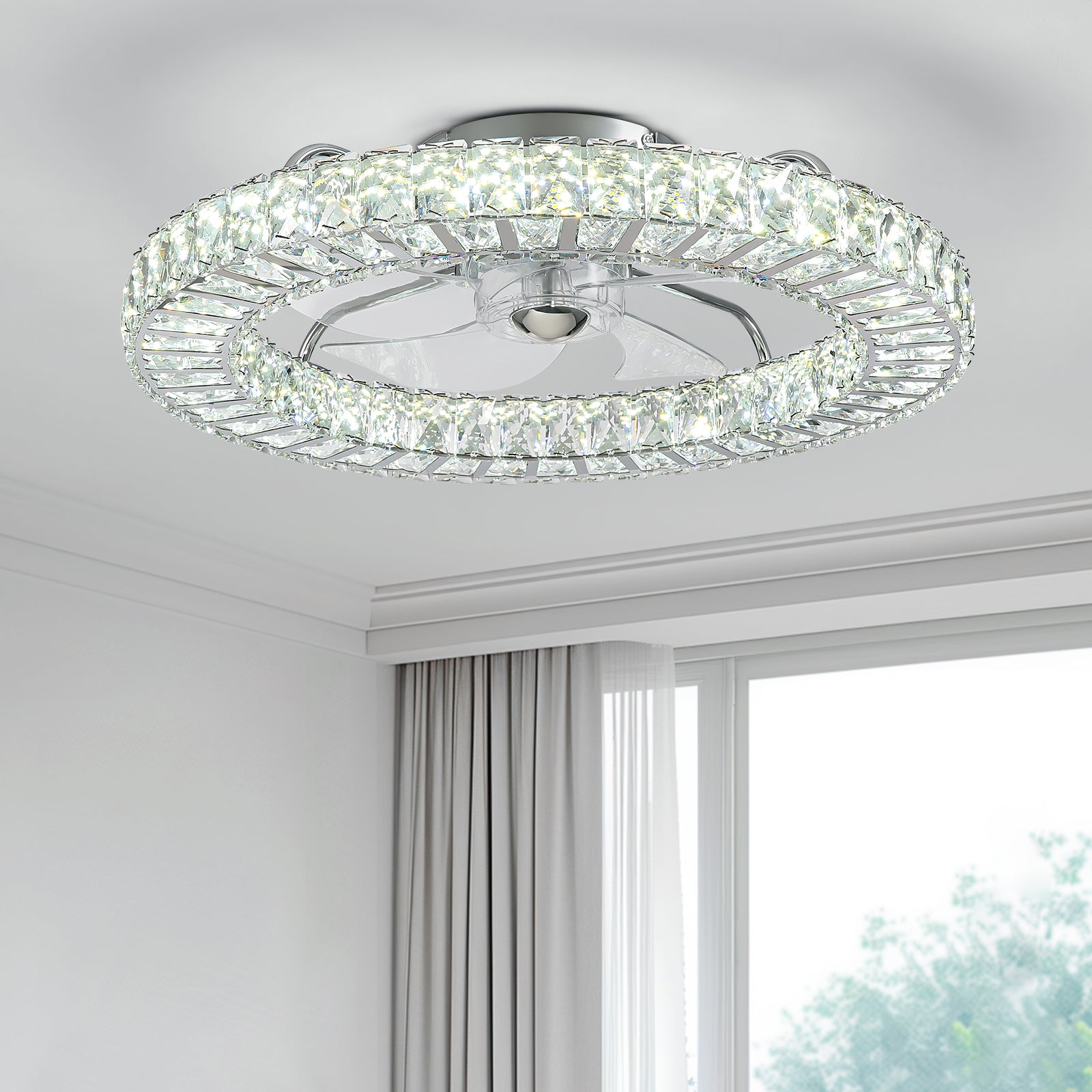 22 in. Chrome Indoor Crystal Ceiling Fan with LED Lights and Remote Flush Mount Ceiling Fan