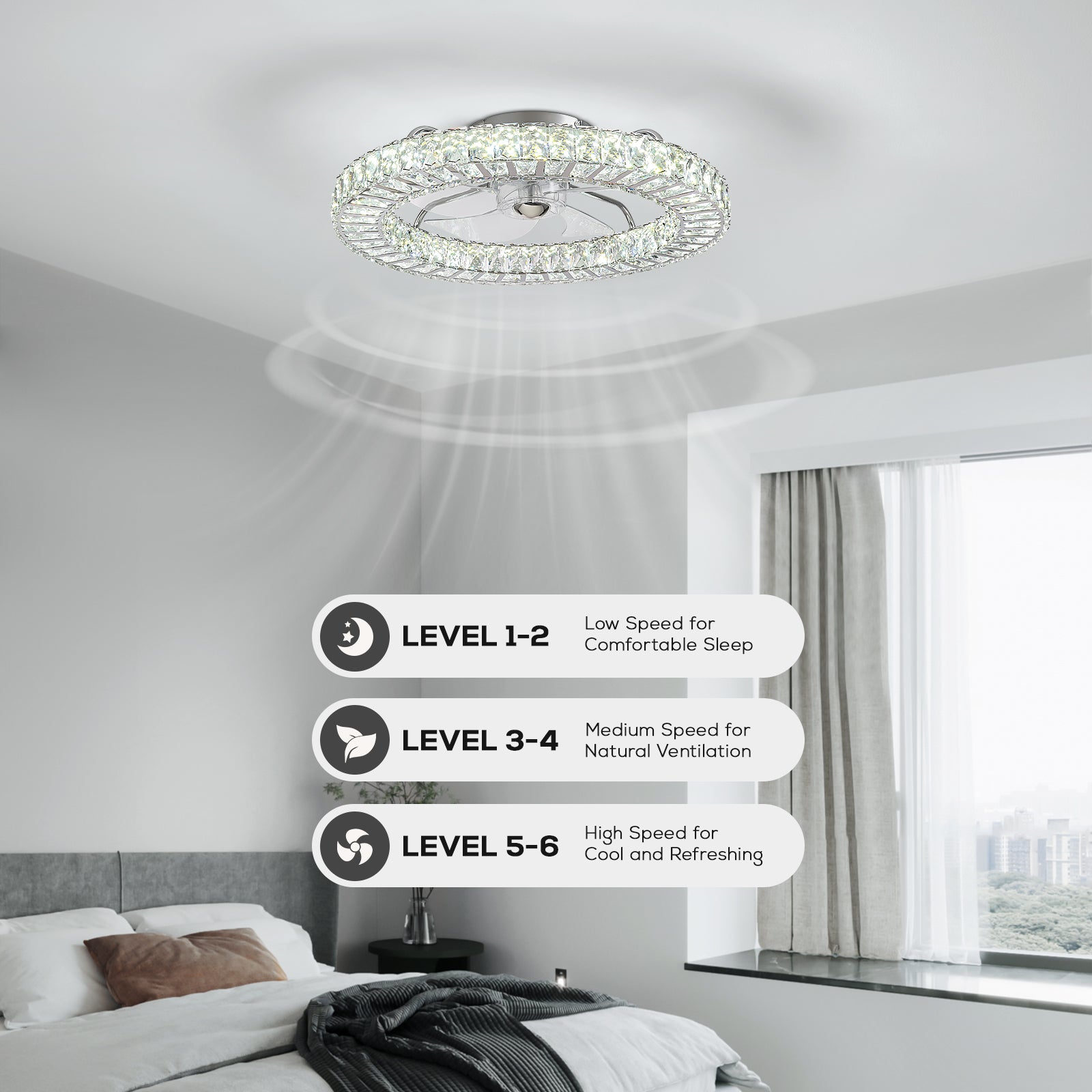 22 in. Chrome Indoor Crystal Ceiling Fan with LED Lights and Remote Flush Mount Ceiling Fan