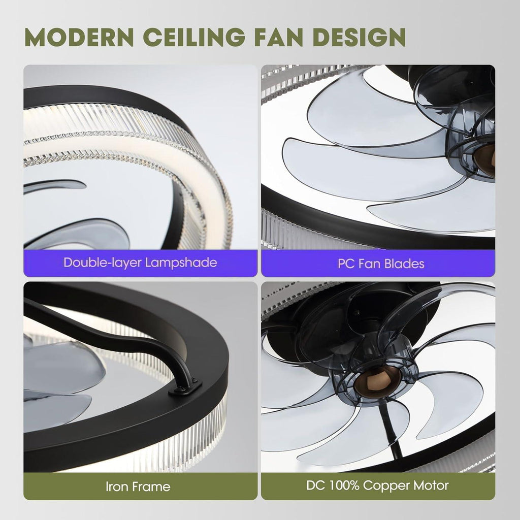 20 in. LED Indoor Black Low Profile Ceiling Fan with Dimmable Lighting Small Flush Mount Ceiling Fan with Remote