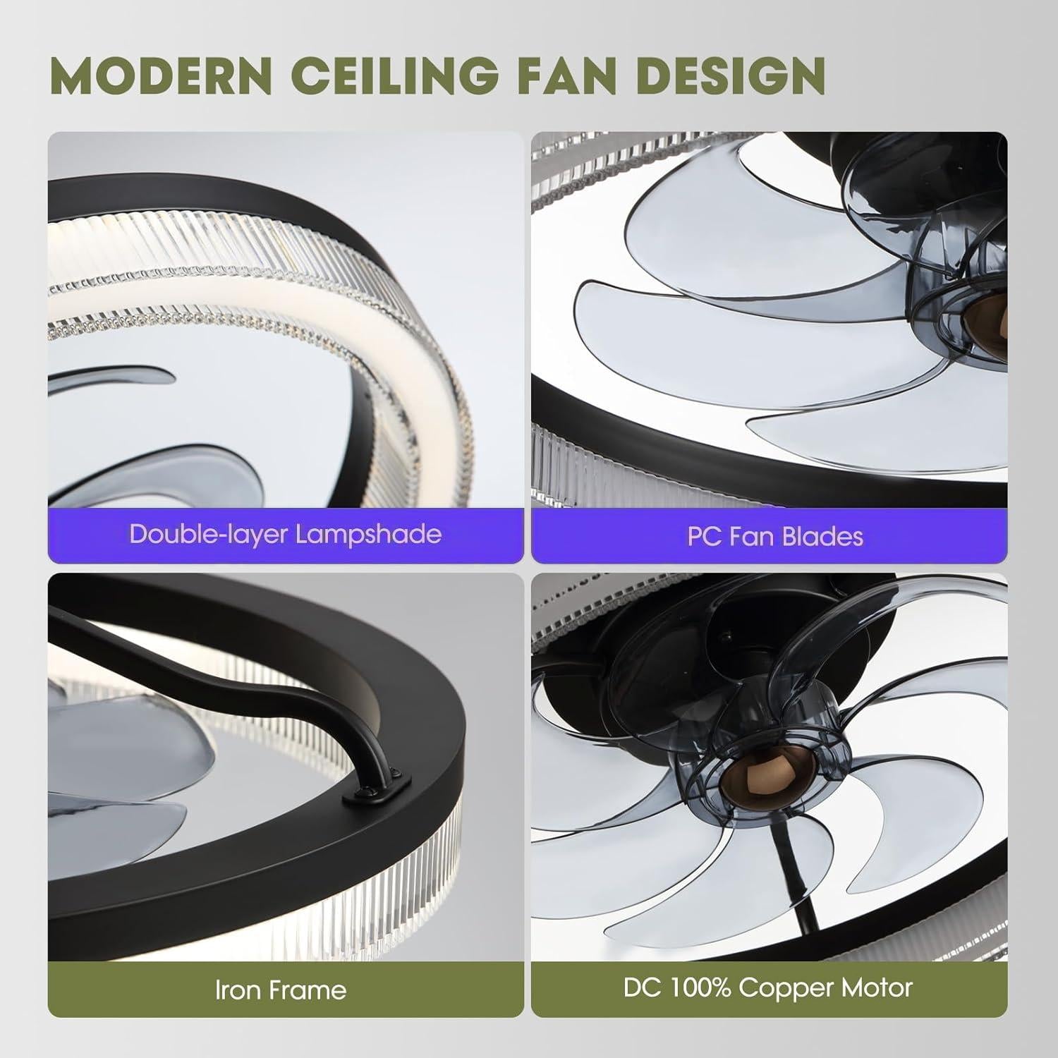 20 in. LED Indoor Black Low Profile Ceiling Fan with Dimmable Lighting Small Flush Mount Ceiling Fan with Remote