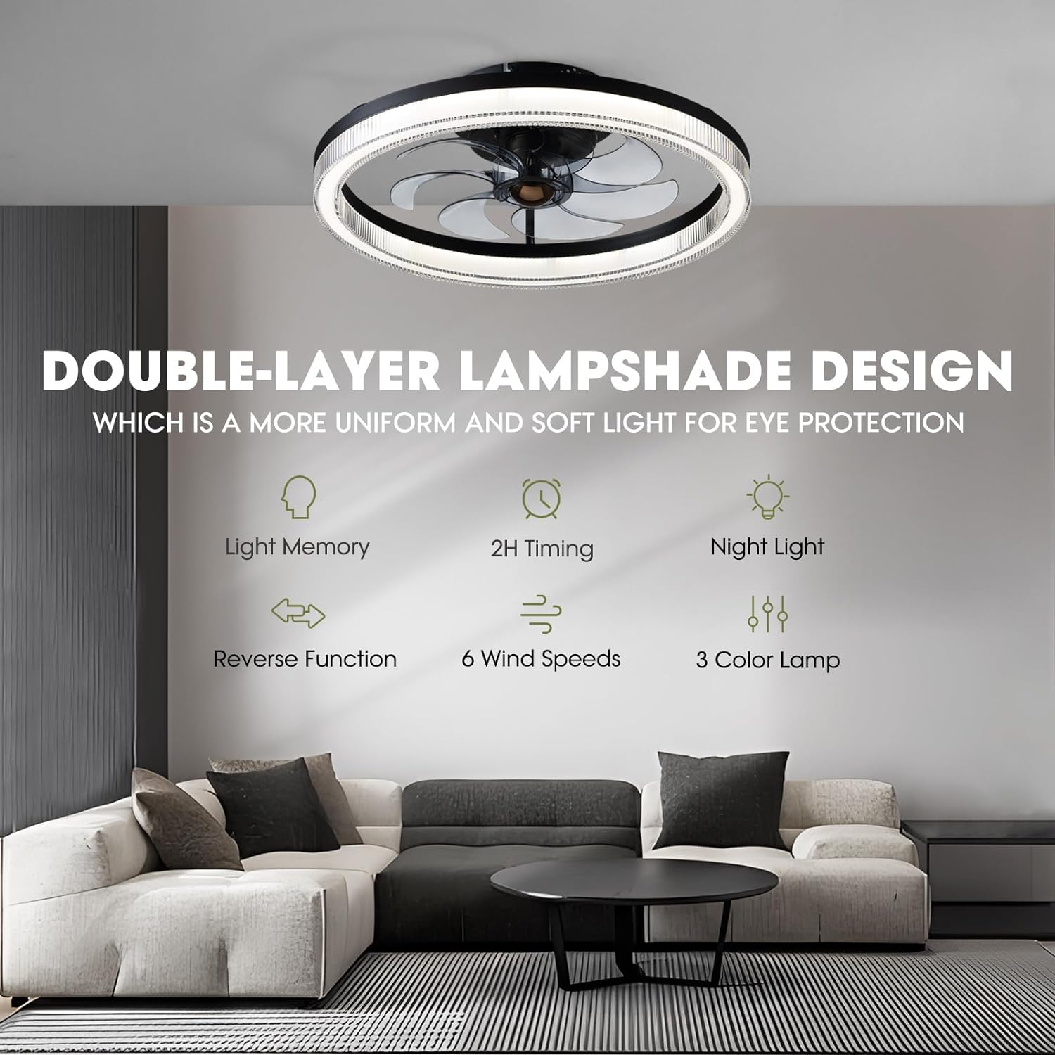 20 in. LED Indoor Black Low Profile Ceiling Fan with Dimmable Lighting Small Flush Mount Ceiling Fan with Remote