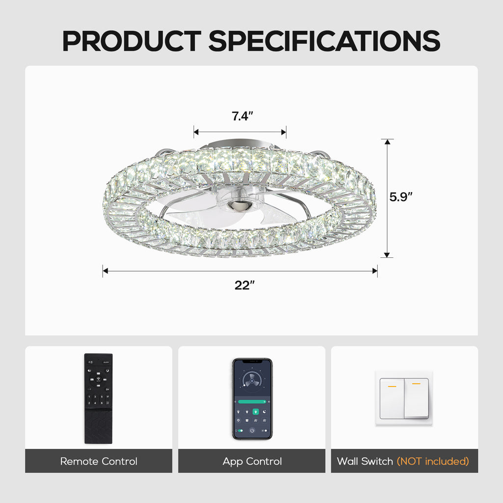 22 in. Chrome Indoor Crystal Ceiling Fan with LED Lights and Remote Flush Mount Ceiling Fan