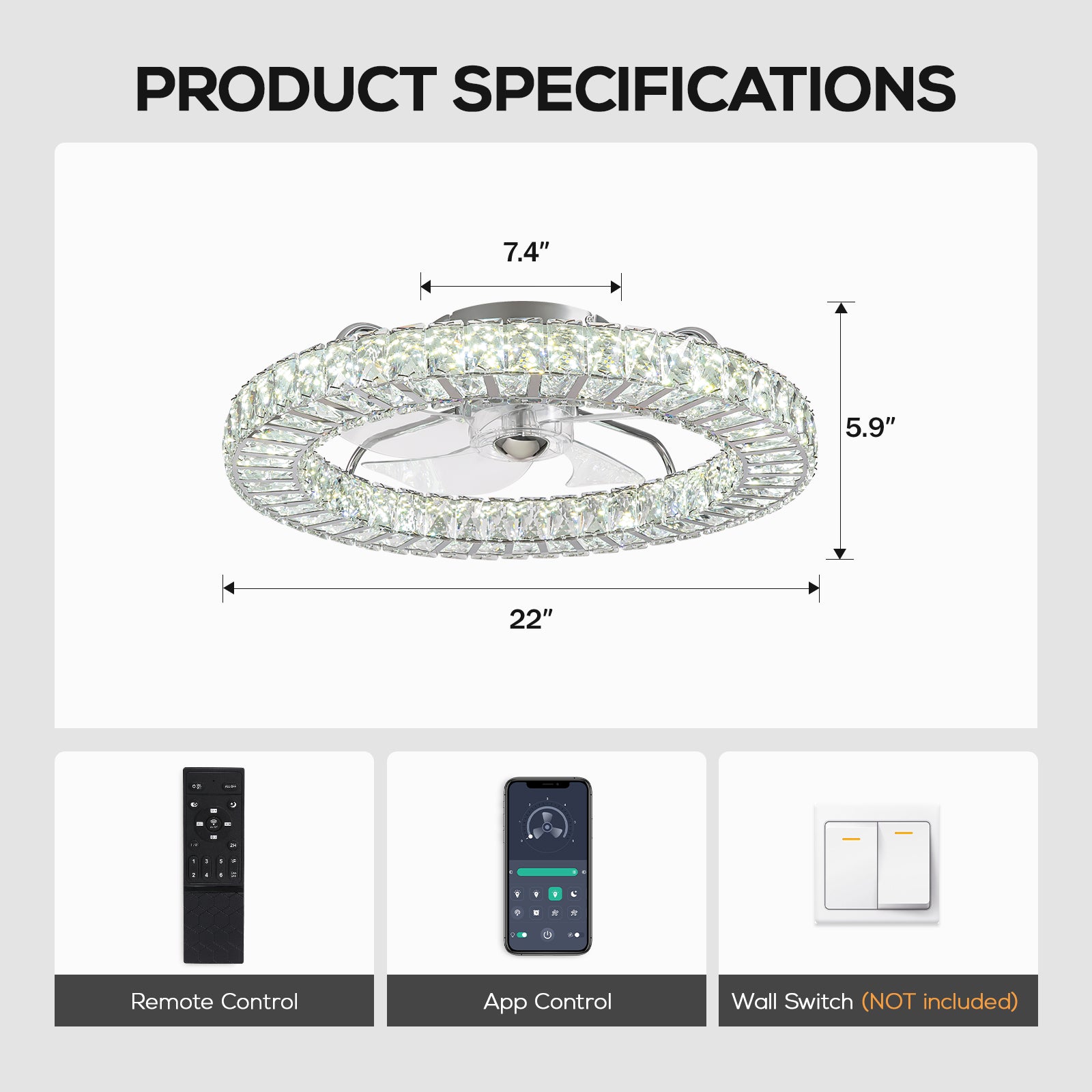 22 in. Chrome Indoor Crystal Ceiling Fan with LED Lights and Remote Flush Mount Ceiling Fan