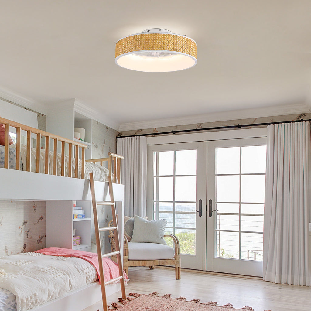 20 in. Smart Indoor Standard White Boho Flush Mount Rattan Ceiling Fan with Light and Remote Low Profile Ceiling Fan