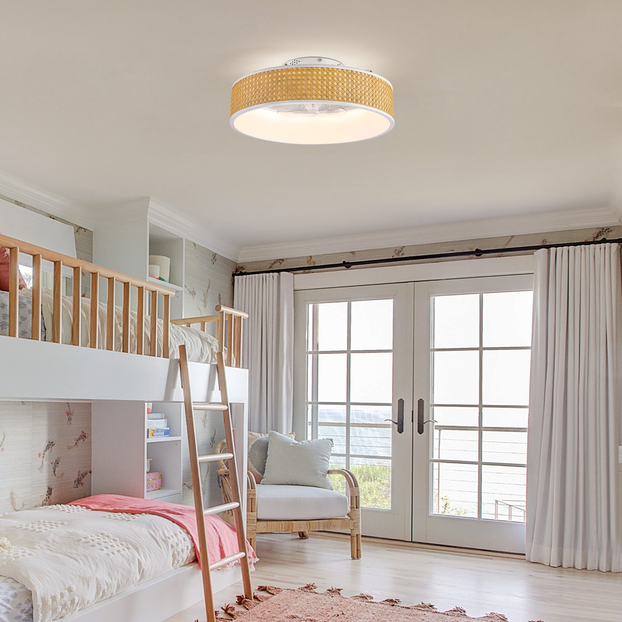 20 in. Smart Indoor Standard White Boho Flush Mount Rattan Ceiling Fan with Light and Remote Low Profile Ceiling Fan
