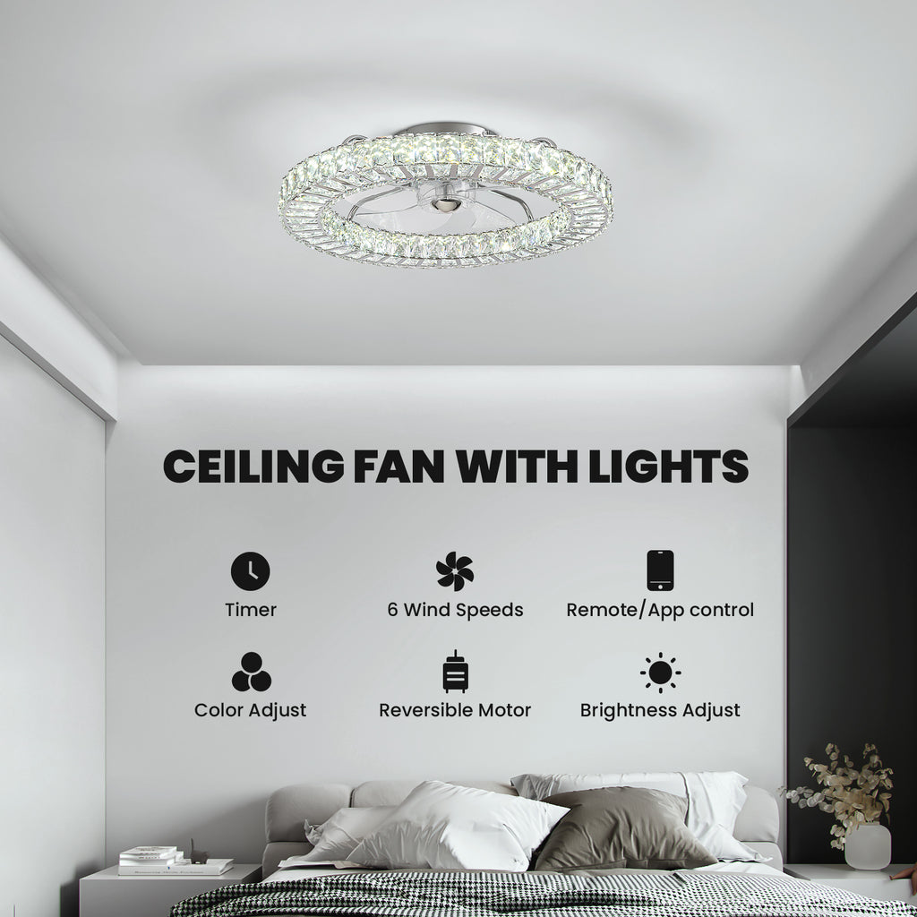 22 in. Chrome Indoor Crystal Ceiling Fan with LED Lights and Remote Flush Mount Ceiling Fan