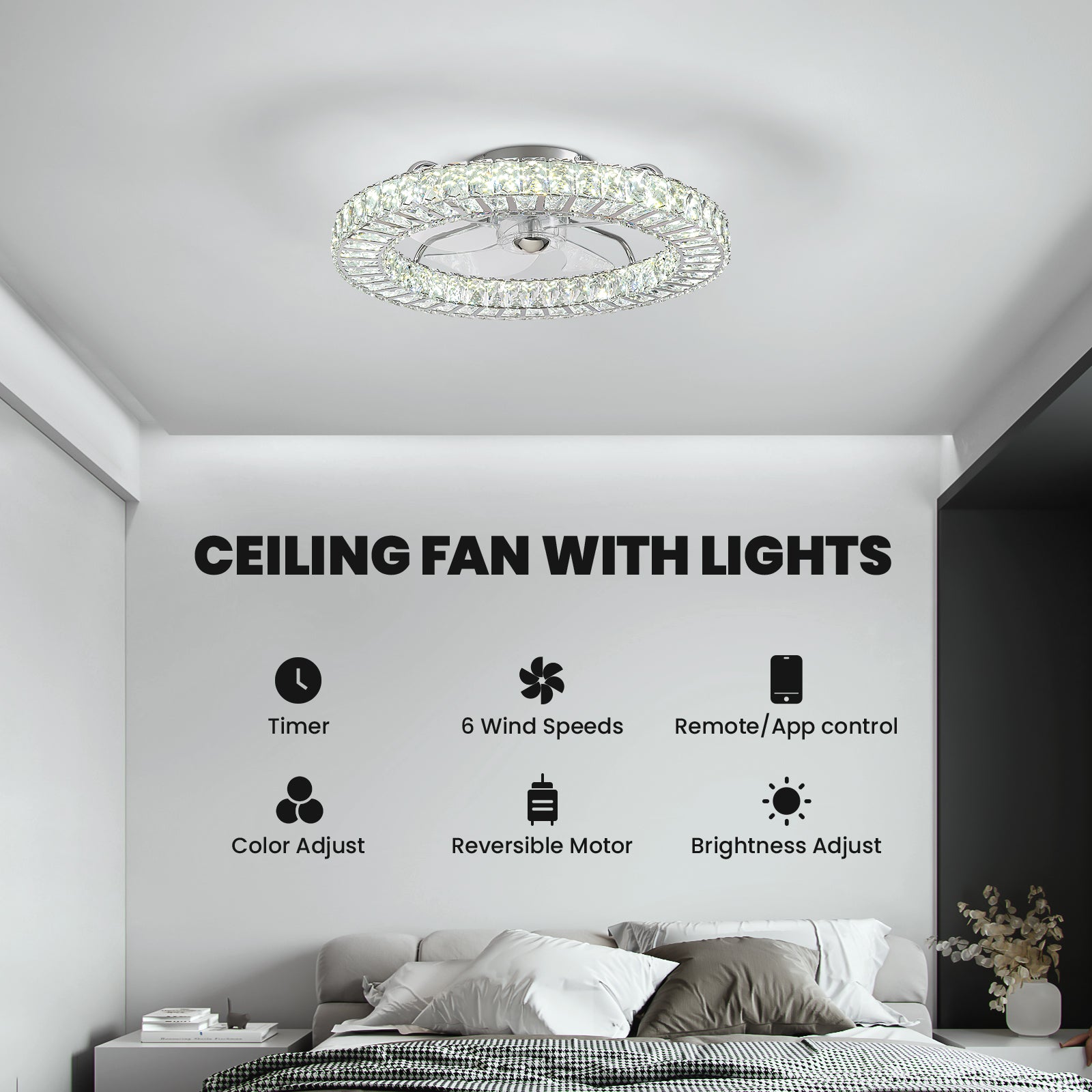 22 in. Chrome Indoor Crystal Ceiling Fan with LED Lights and Remote Flush Mount Ceiling Fan