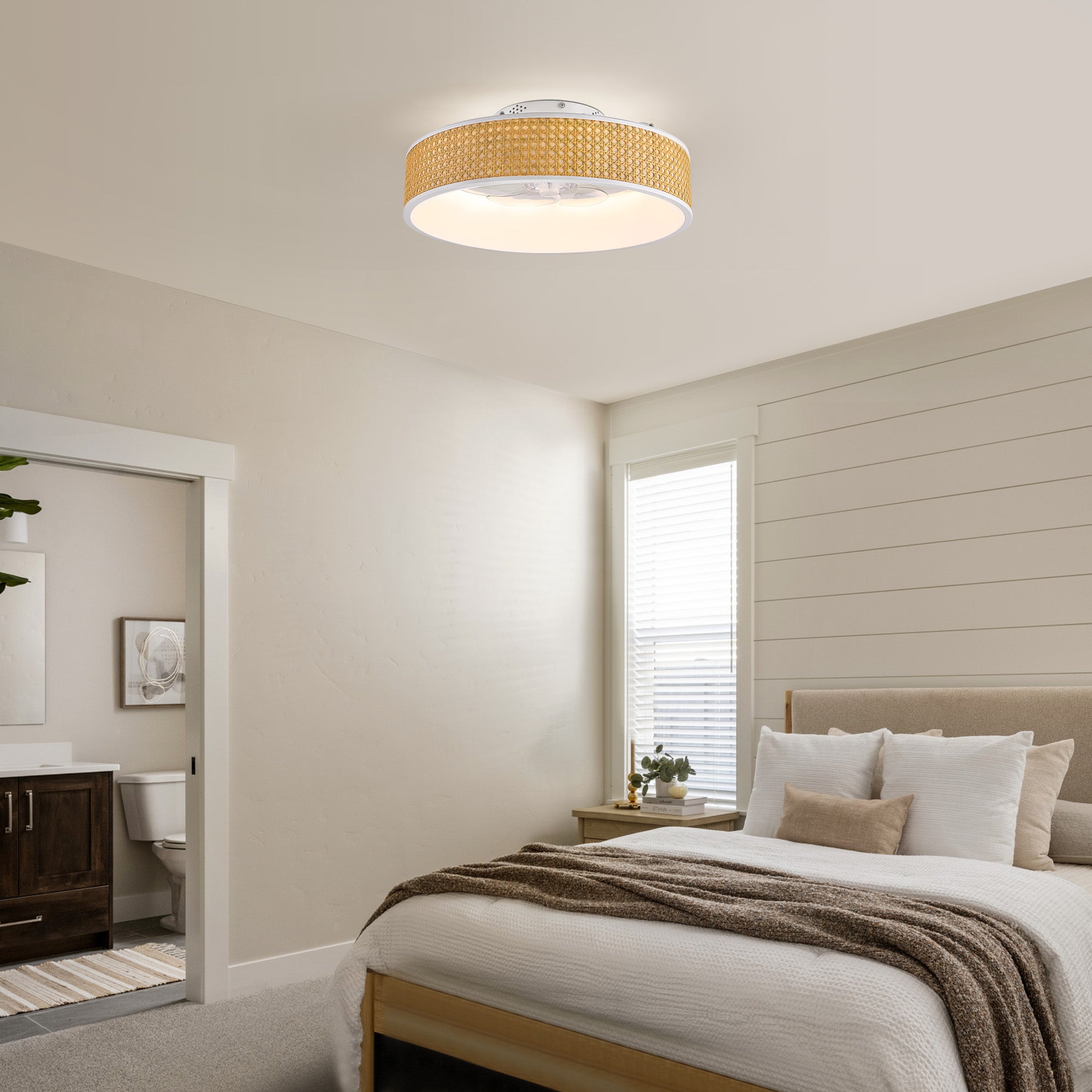 20 in. Smart Indoor Standard White Boho Flush Mount Rattan Ceiling Fan with Light and Remote Low Profile Ceiling Fan