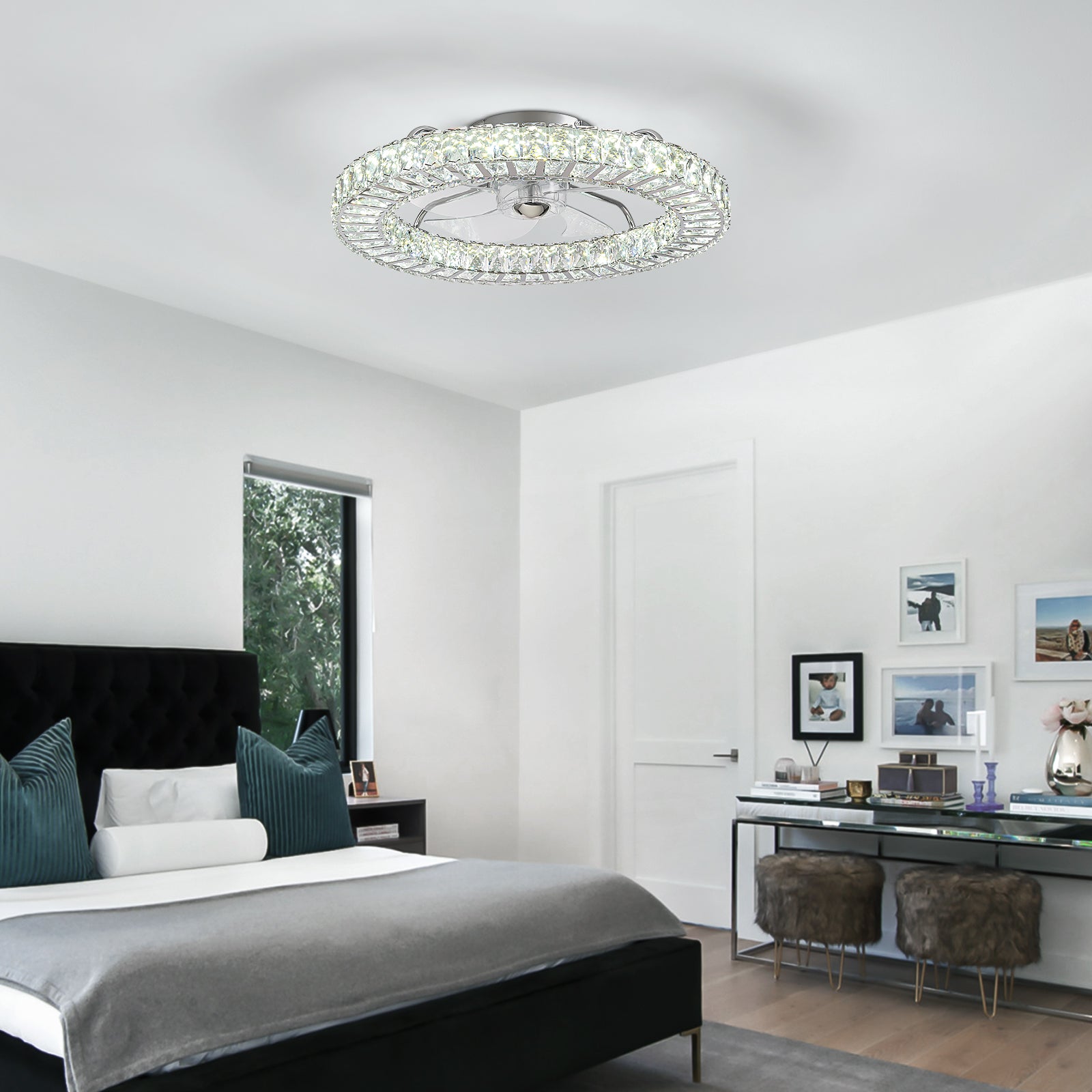 22 in. Chrome Indoor Crystal Ceiling Fan with LED Lights and Remote Flush Mount Ceiling Fan
