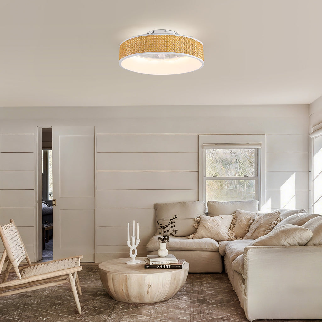 20 in. Smart Indoor Standard White Boho Flush Mount Rattan Ceiling Fan with Light and Remote Low Profile Ceiling Fan