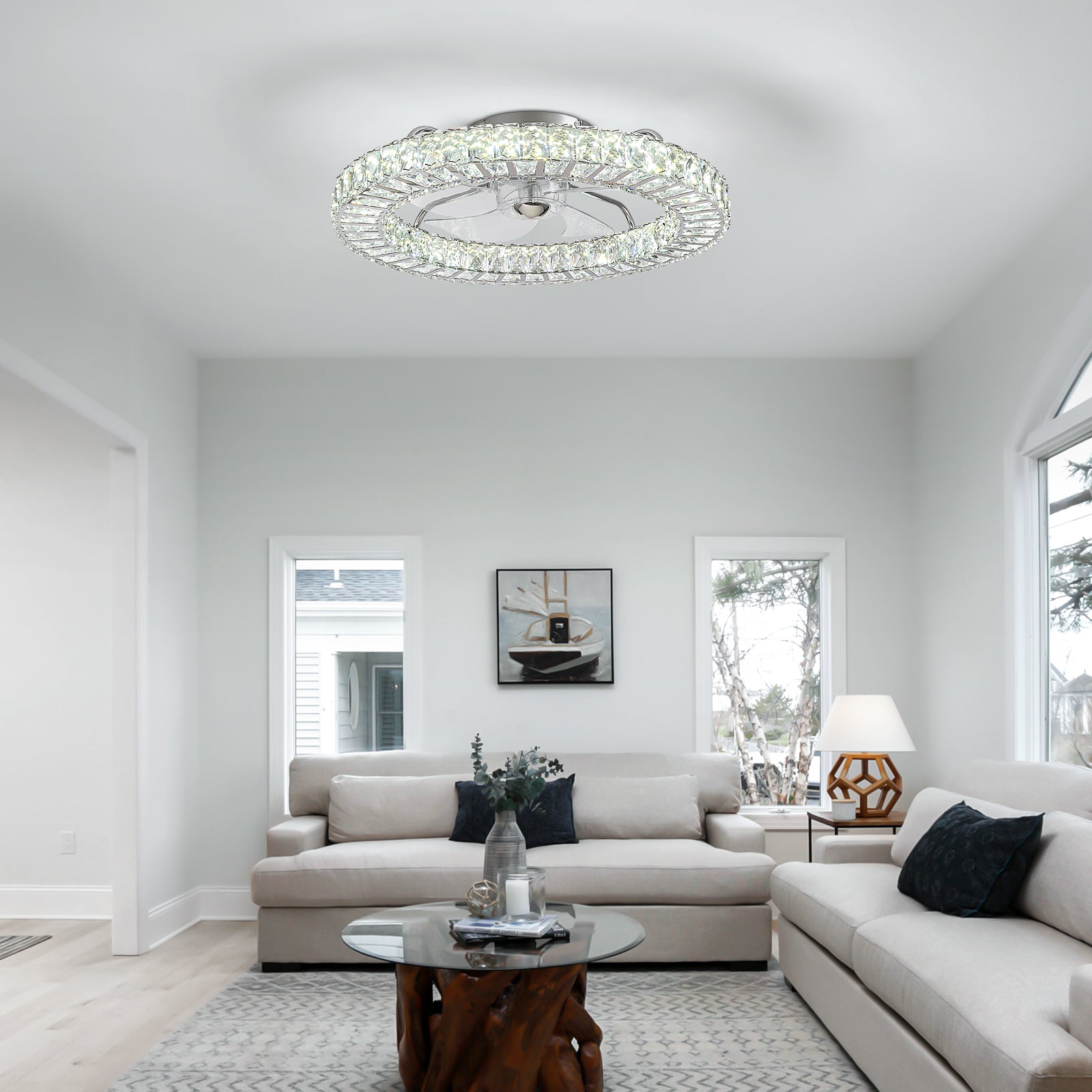 22 in. Chrome Indoor Crystal Ceiling Fan with LED Lights and Remote Flush Mount Ceiling Fan