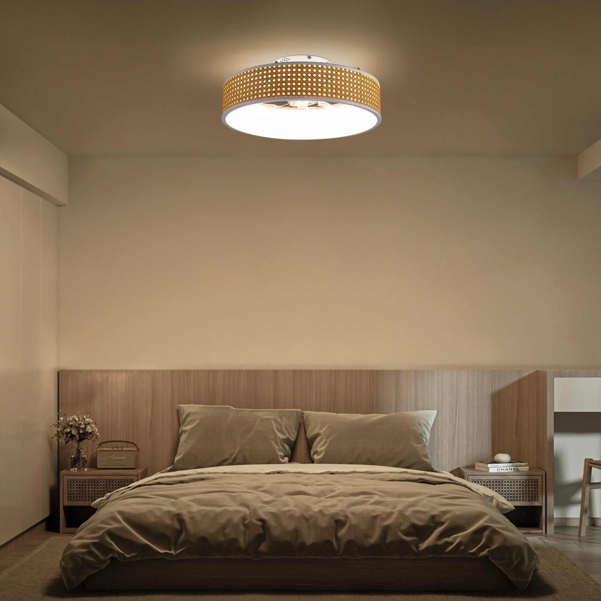 20 in. Smart Indoor Standard White Boho Flush Mount Rattan Ceiling Fan with Light and Remote Low Profile Ceiling Fan