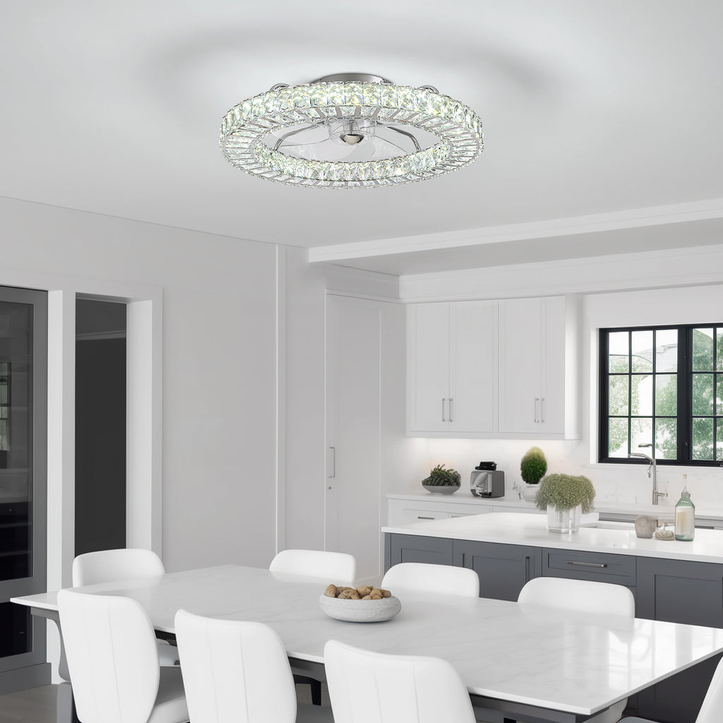 22 in. Chrome Indoor Crystal Ceiling Fan with LED Lights and Remote Flush Mount Ceiling Fan
